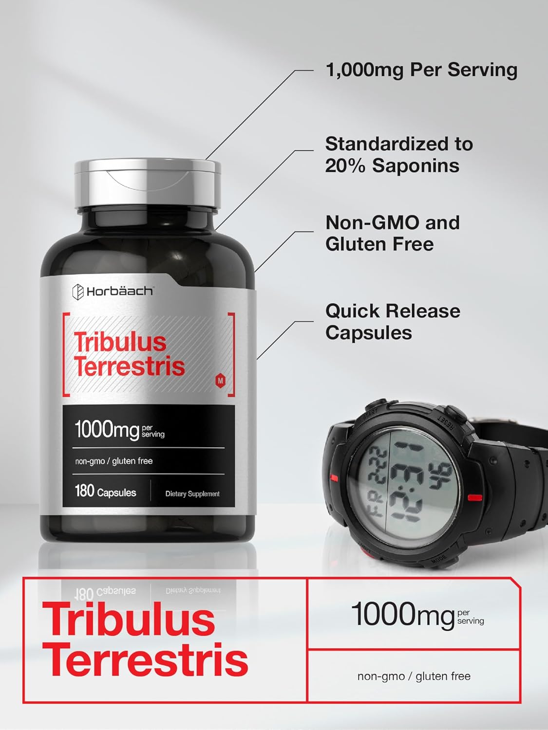 Tribulus Terrestris Extract Supplement for Men - 1000mg, 180 Capsules - Non-GMO & Gluten Free