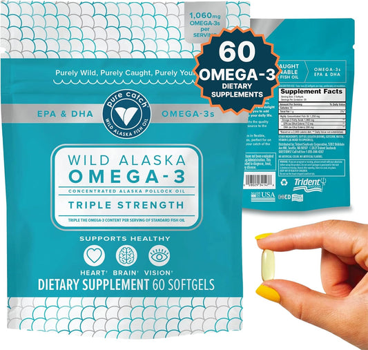 Trident Seafoods Pure Catch Wild Alaskan Fish Oil 1060mg Triple Strength Omega-3 Supplement - 60 Ct. Citrus Soft Gels for Heart, Brain, and Vision - EPA and DHA for Men and Women