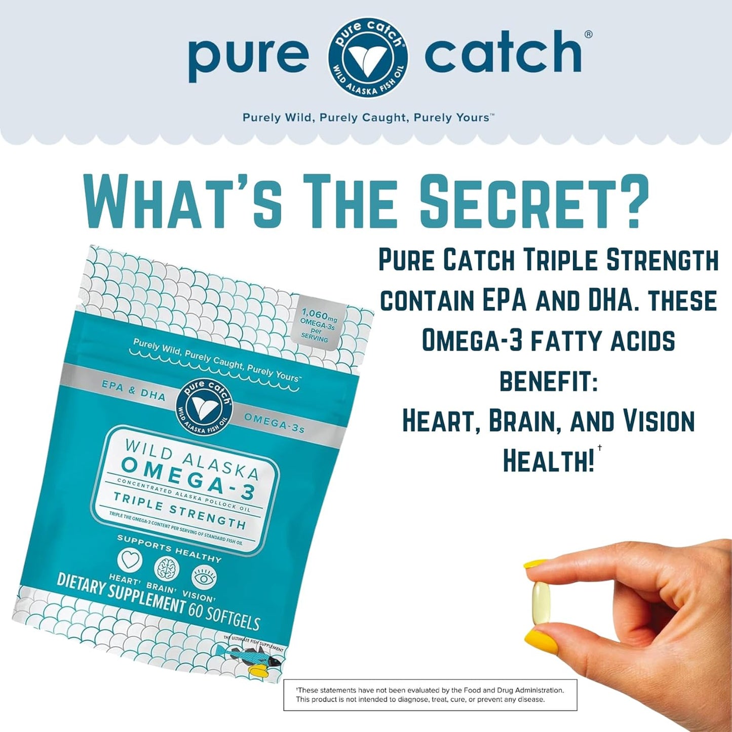 Trident Seafoods Pure Catch Wild Alaskan Fish Oil 1060mg Triple Strength Omega-3 Supplement - 60 Ct. Citrus Soft Gels for Heart, Brain, and Vision - EPA and DHA for Men and Women