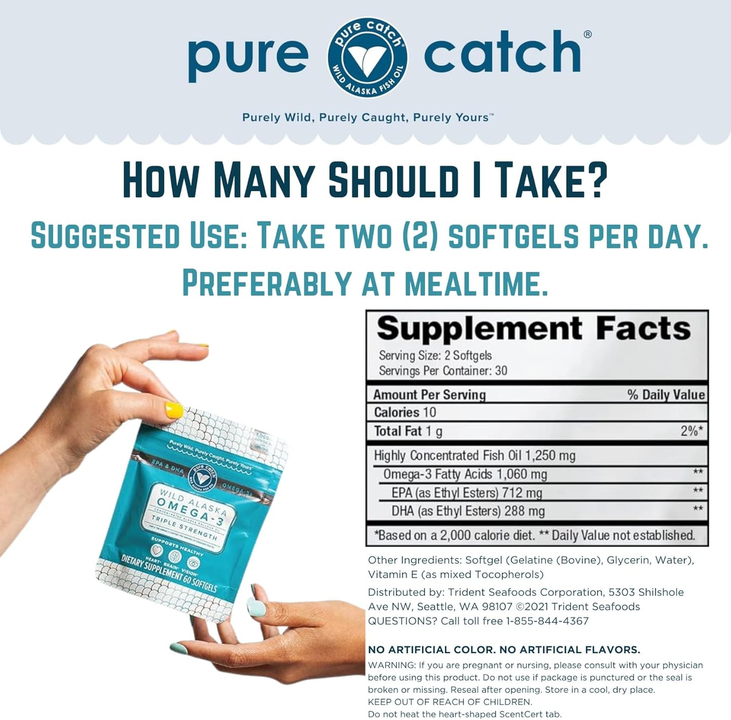 Trident Seafoods Pure Catch Wild Alaskan Fish Oil 1060mg Triple Strength Omega-3 Supplement - 60 Ct. Citrus Soft Gels for Heart, Brain, and Vision - EPA and DHA for Men and Women