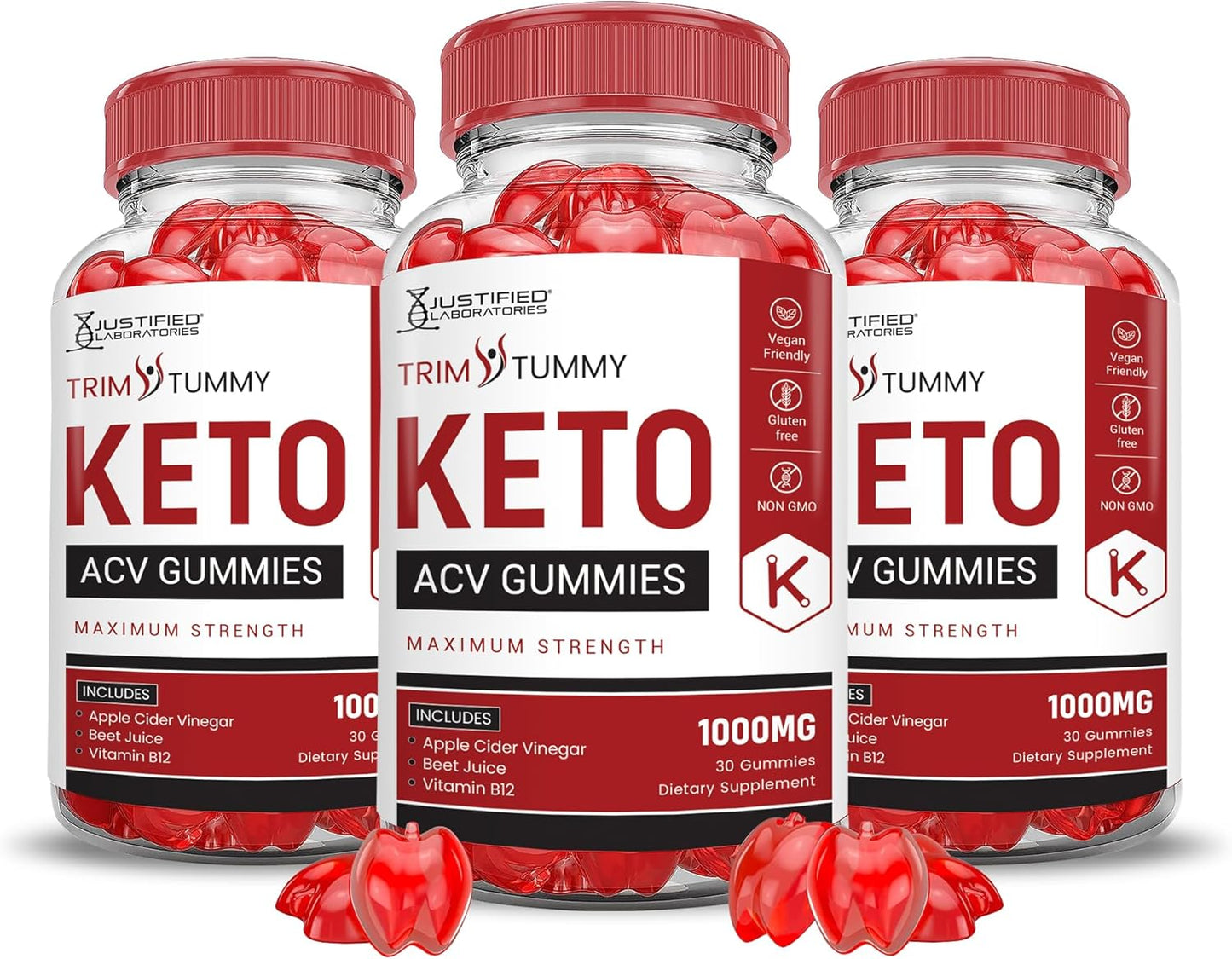 Trim Tummy Keto ACV Gummies (3 Pack) - Advanced Formula with Pomegranate, Beet Juice Powder, B12 - Vegan & Non GMO - 180 Gummys - Justified Laboratories