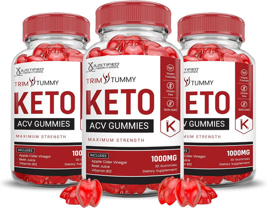 Trim Tummy Keto ACV Gummies (3 Pack) - Advanced Formula with Pomegranate, Beet Juice Powder, B12 - Vegan & Non GMO - 180 Gummys - Justified Laboratories