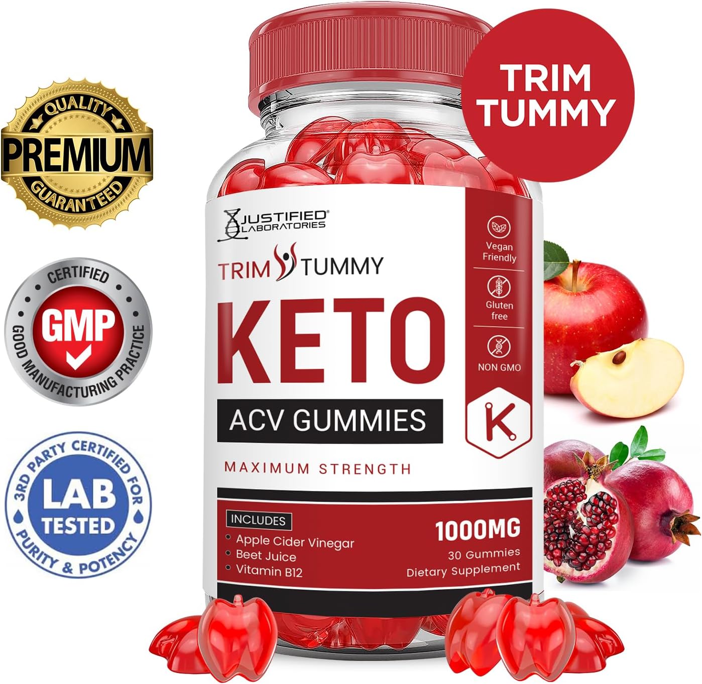 Trim Tummy Keto ACV Gummies (3 Pack) - Advanced Formula with Pomegranate, Beet Juice Powder, B12 - Vegan & Non GMO - 180 Gummys - Justified Laboratories