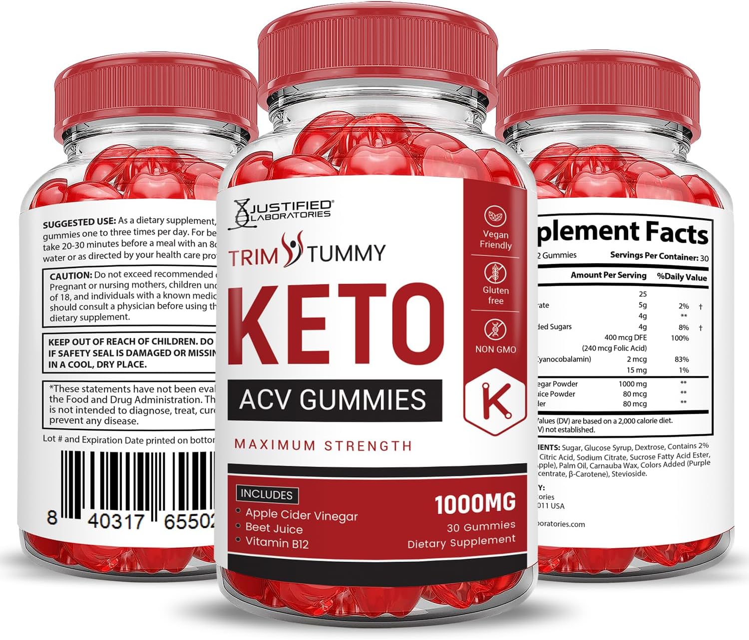 Trim Tummy Keto ACV Gummies (3 Pack) - Advanced Formula with Pomegranate, Beet Juice Powder, B12 - Vegan & Non GMO - 180 Gummys - Justified Laboratories