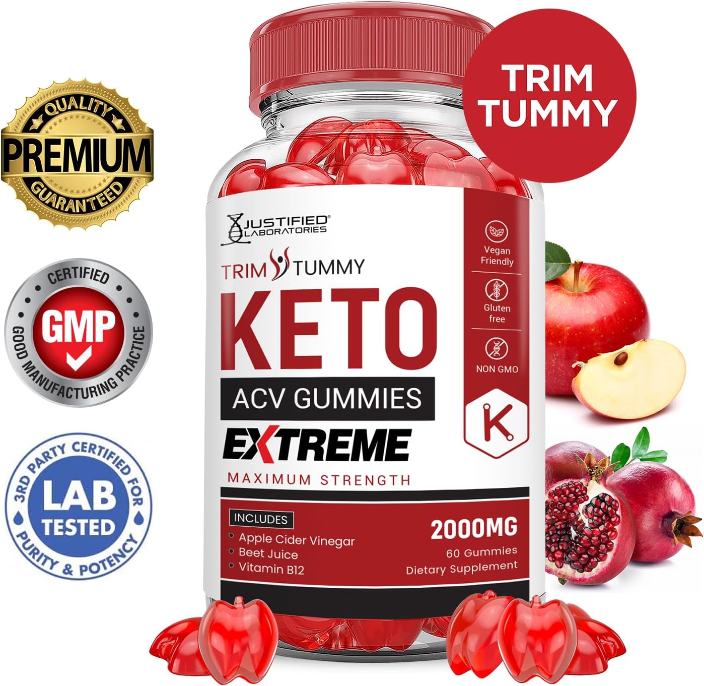 Trim Tummy Keto ACV Gummies Extreme 2000MG with Pomegranate & Beet Juice - 60 Vegan Gummies