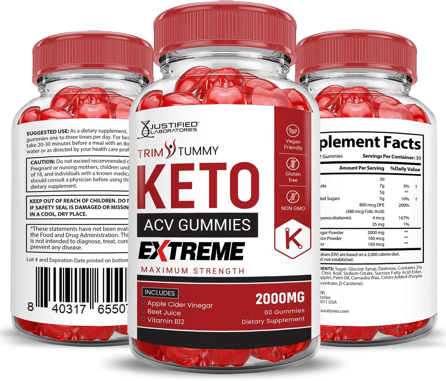 Trim Tummy Keto ACV Gummies Extreme 2000MG with Pomegranate & Beet Juice - 60 Vegan Gummies