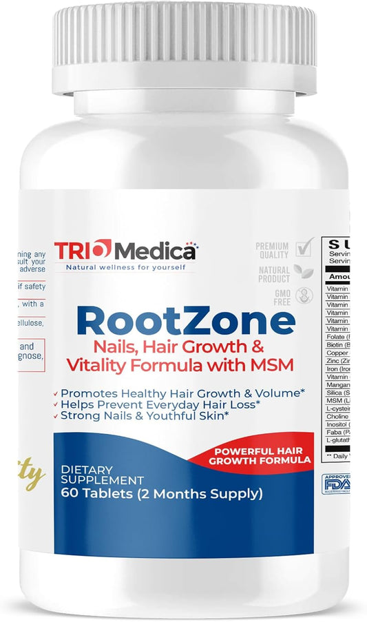 TRIOMEDICA RootZone with MSM: Hair, Skin, & Nails Supplement with 20+ Ingredients - Biotin & MSM, 60 Tablets