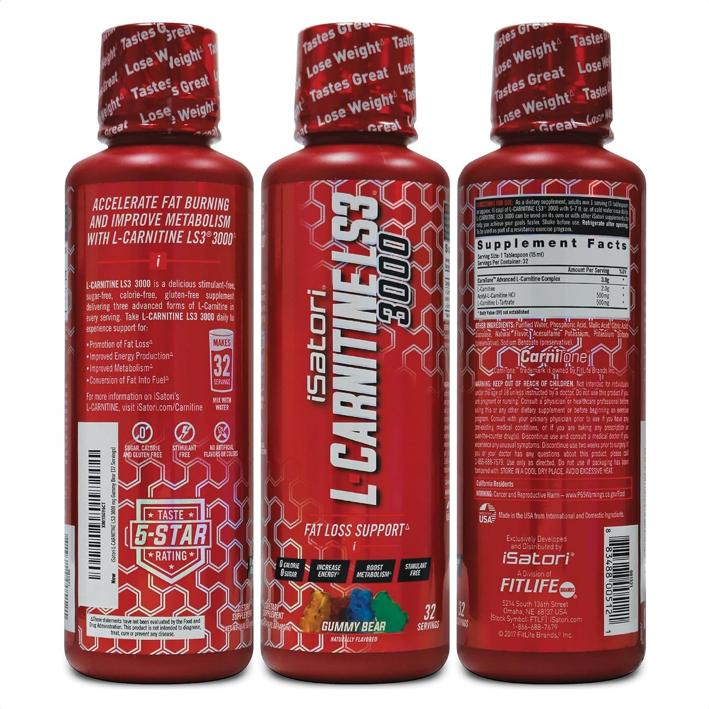 Triple-Blend Liquid L-Carnitine Supplement for Stimulant-Free Energy - Gummy Bear Flavor - Keto-Friendly - 32 Servings