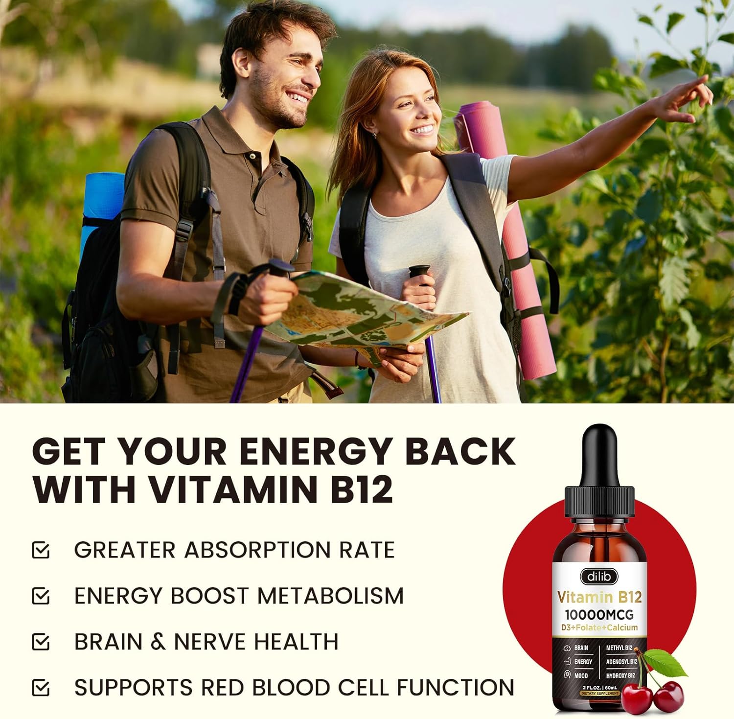 Triple Liquid Vitamin B12 Complex 10000 mcg Drops | Methylcobalamin & Adenosylcobalamin & Hydroxo Blend | Long-Lasting Energy & Healthy Metabolism | Cherry Flavor, New Formula
