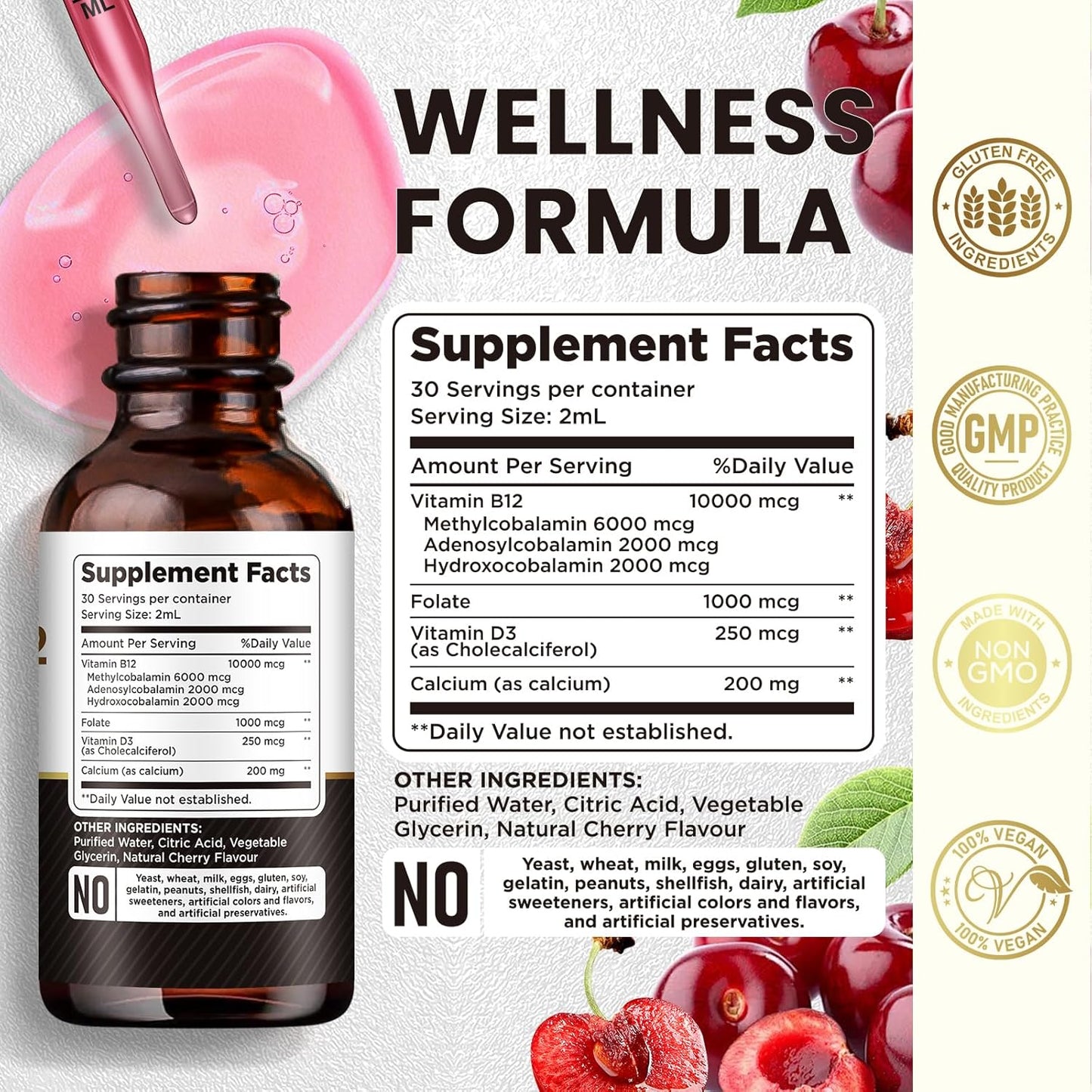 Triple Liquid Vitamin B12 Complex 10000 mcg Drops | Methylcobalamin & Adenosylcobalamin & Hydroxo Blend | Long-Lasting Energy & Healthy Metabolism | Cherry Flavor, New Formula