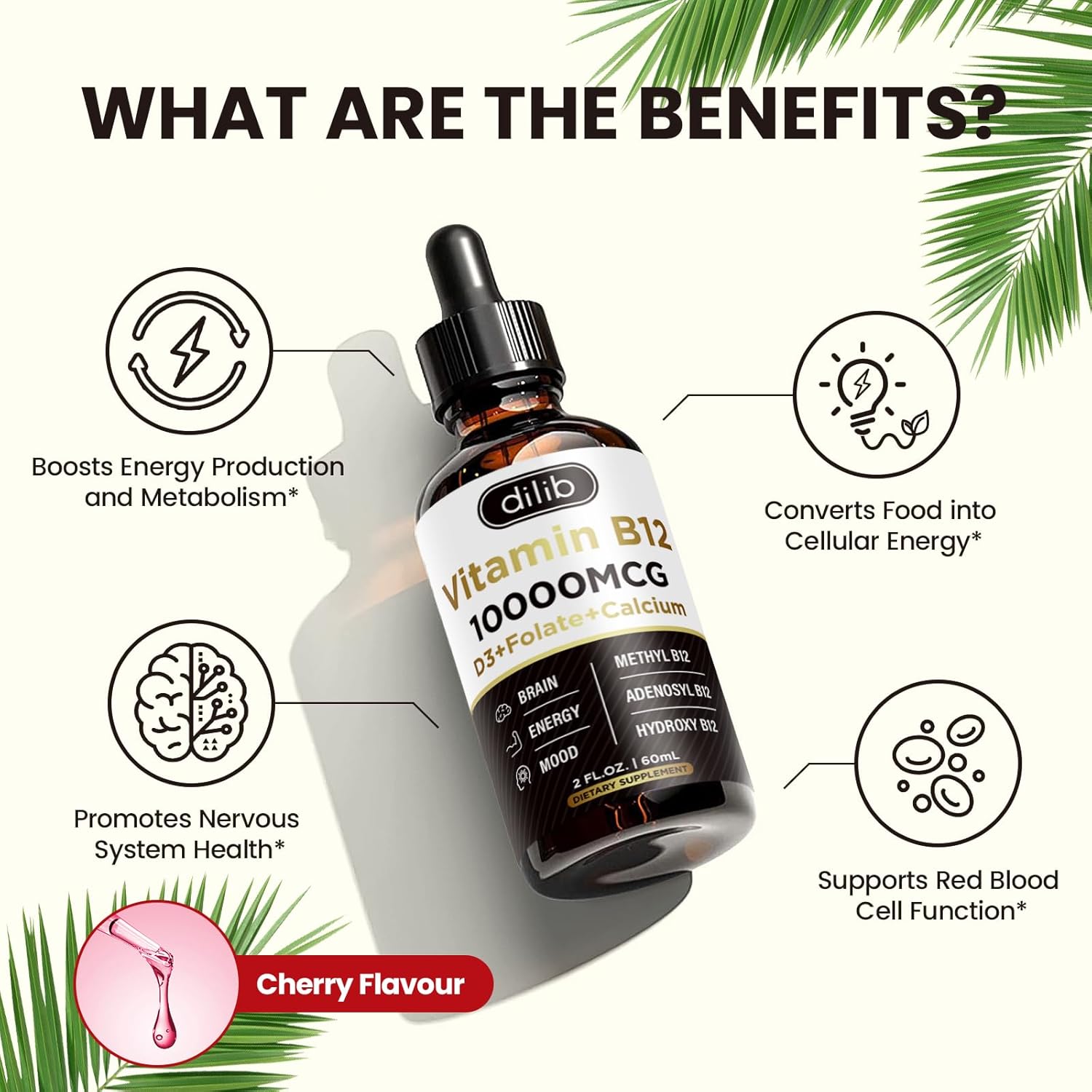 Triple Liquid Vitamin B12 Complex 10000 mcg Drops | Methylcobalamin & Adenosylcobalamin & Hydroxo Blend | Long-Lasting Energy & Healthy Metabolism | Cherry Flavor, New Formula