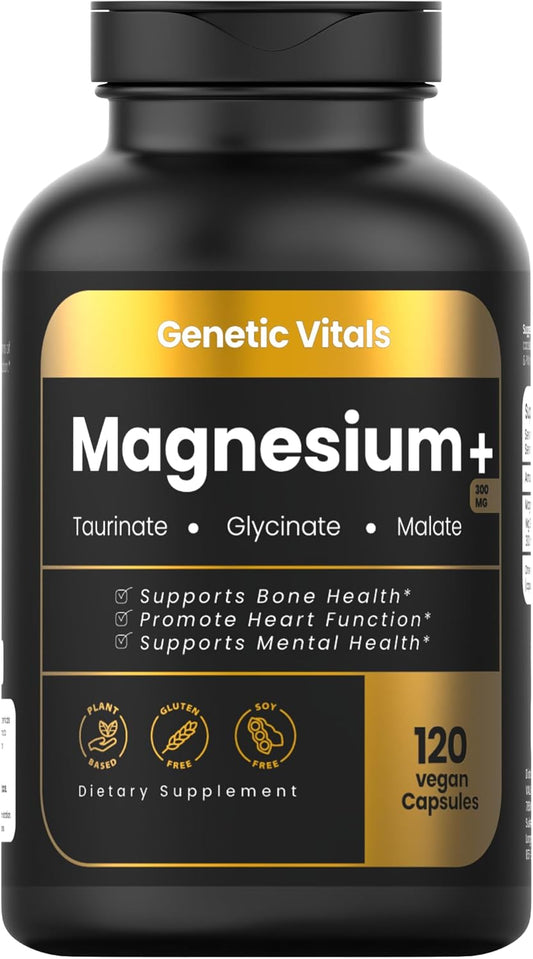 Triple Magnesium Complex 300mg Capsules for Stress Relief & Heart Health - Chelated Glycinate, Malate, Taurate - 120 Count