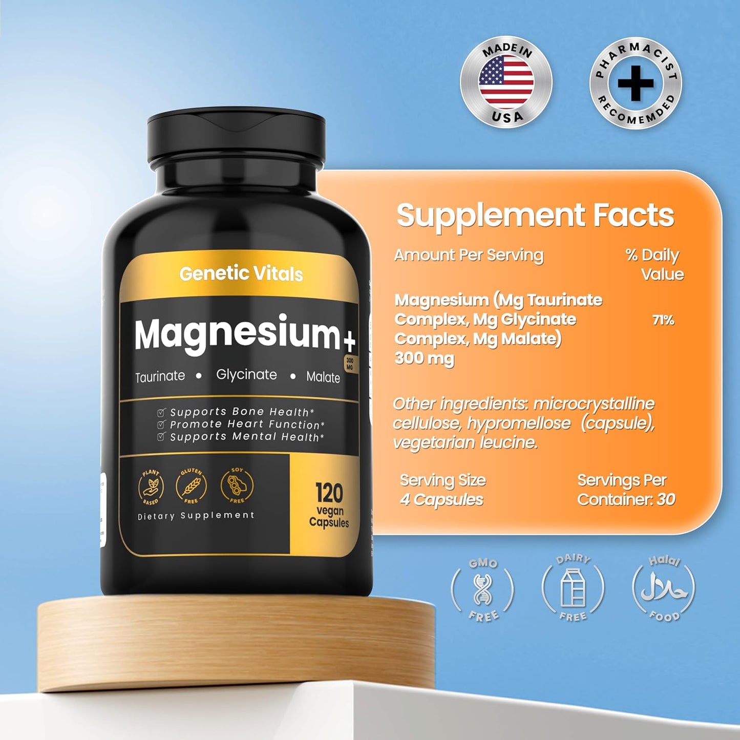 Triple Magnesium Complex 300mg Capsules for Stress Relief & Heart Health - Chelated Glycinate, Malate, Taurate - 120 Count