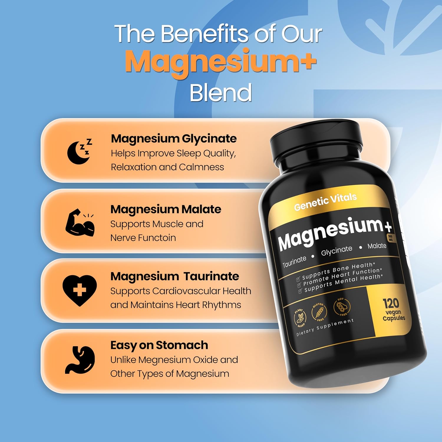 Triple Magnesium Complex 300mg Capsules for Stress Relief & Heart Health - Chelated Glycinate, Malate, Taurate - 120 Count