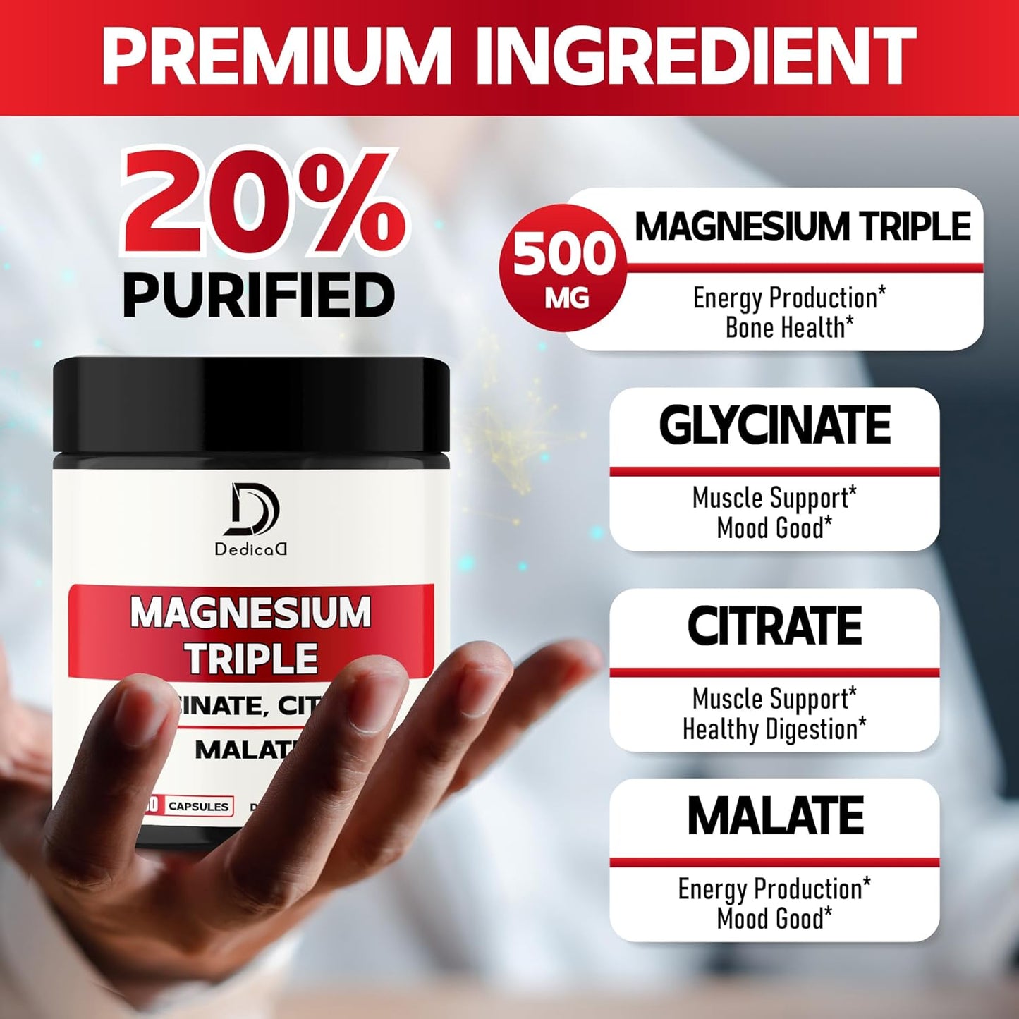 Triple Magnesium Complex 500mg - 150 Capsules - Magnesium Glycinate, Citrate & Malate - Bone, Muscle & Immune Support - Elemental Magnesium Supplement