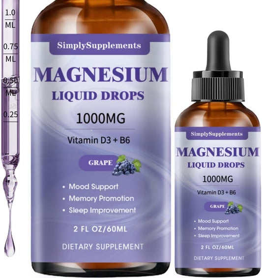 Triple Magnesium Complex Liquid Drops - 1000mg Magnesium Glycinate, Taurate, & Citrate with L-theanine, Vitamin D3 & B6 - Grape Flavor - 2 Fl OZ for Sleep, Muscle Support & Calmness