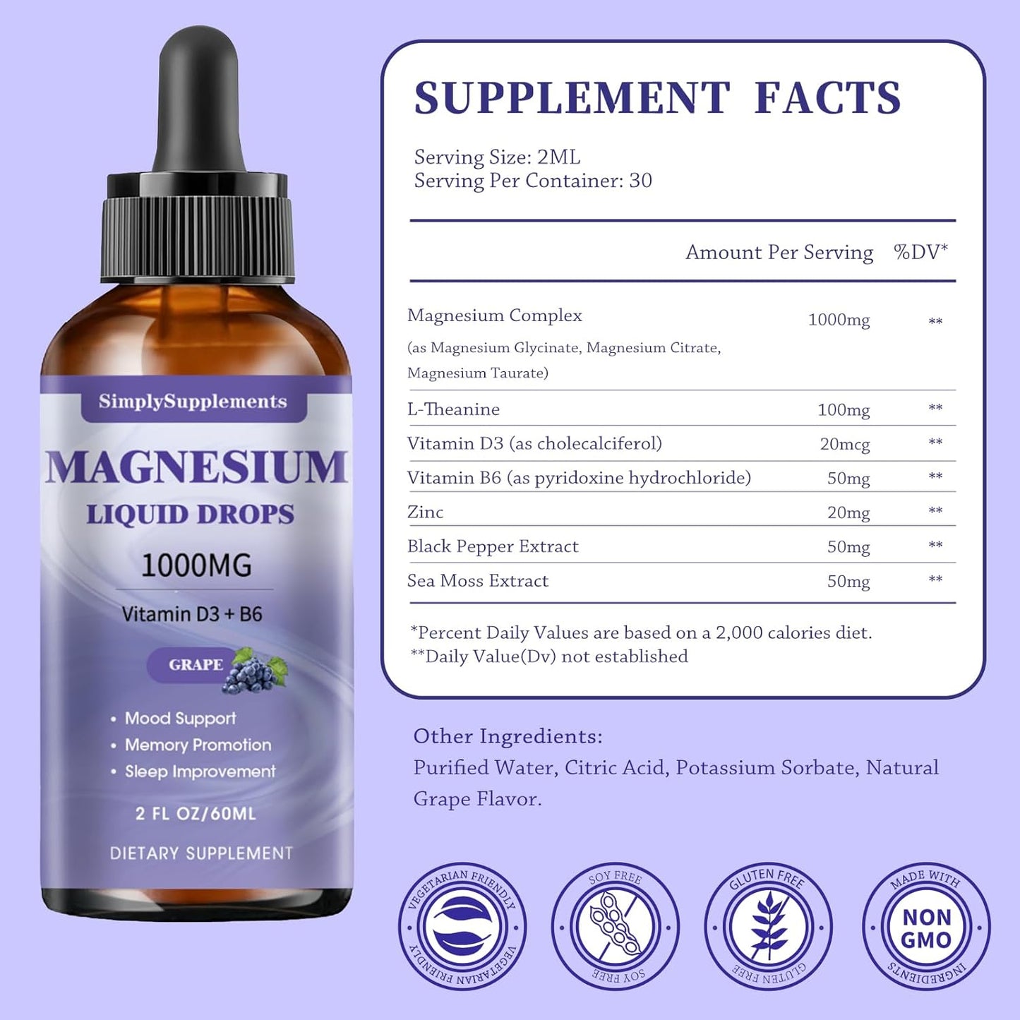 Triple Magnesium Complex Liquid Drops - 1000mg Magnesium Glycinate, Taurate, & Citrate with L-theanine, Vitamin D3 & B6 - Grape Flavor - 2 Fl OZ for Sleep, Muscle Support & Calmness
