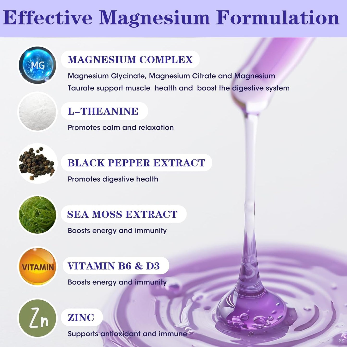 Triple Magnesium Complex Liquid Drops - 1000mg Magnesium Glycinate, Taurate, & Citrate with L-theanine, Vitamin D3 & B6 - Grape Flavor - 2 Fl OZ for Sleep, Muscle Support & Calmness
