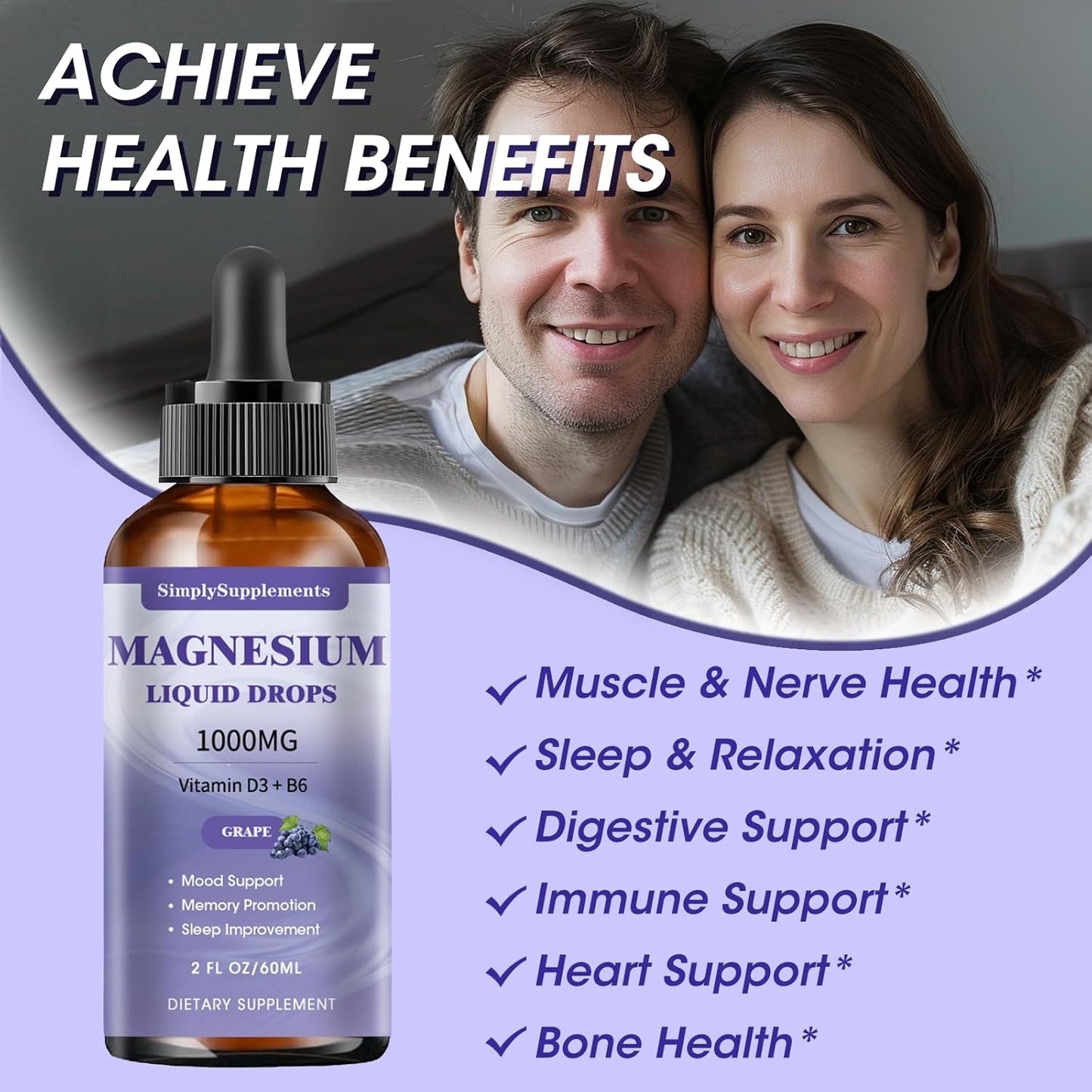 Triple Magnesium Complex Liquid Drops - 1000mg Magnesium Glycinate, Taurate, & Citrate with L-theanine, Vitamin D3 & B6 - Grape Flavor - 2 Fl OZ for Sleep, Muscle Support & Calmness