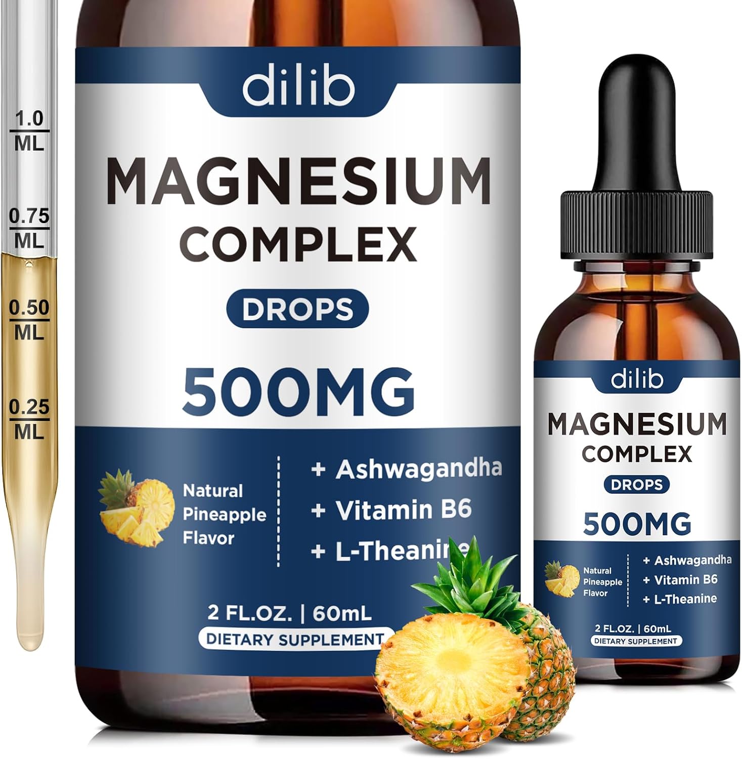 Triple Magnesium Complex Liquid Drops 500mg with Ashwagandha & Vitamin B6 - Stress Relief & Muscle Support - Pineapple Flavor