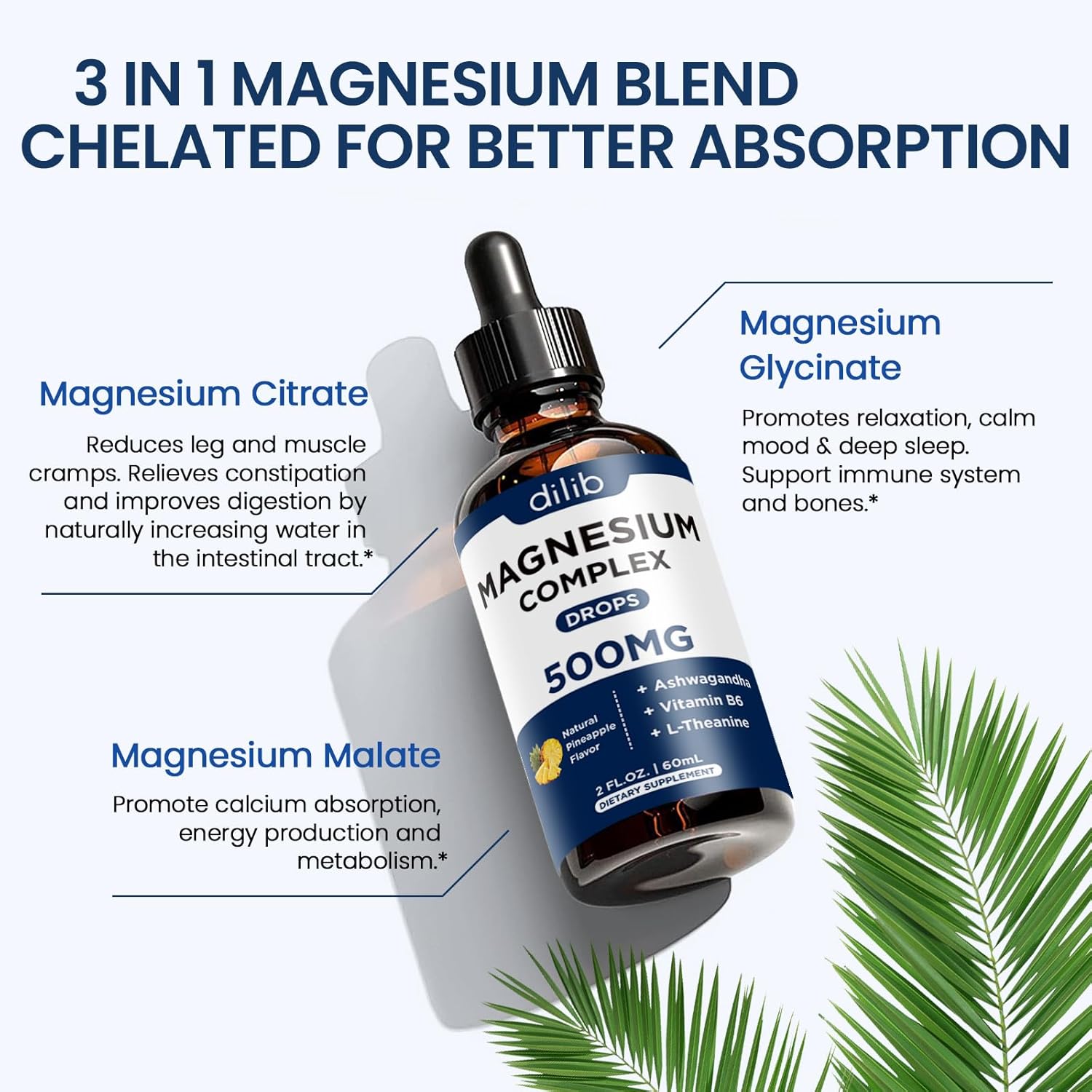 Triple Magnesium Complex Liquid Drops 500mg with Ashwagandha & Vitamin B6 - Stress Relief & Muscle Support - Pineapple Flavor