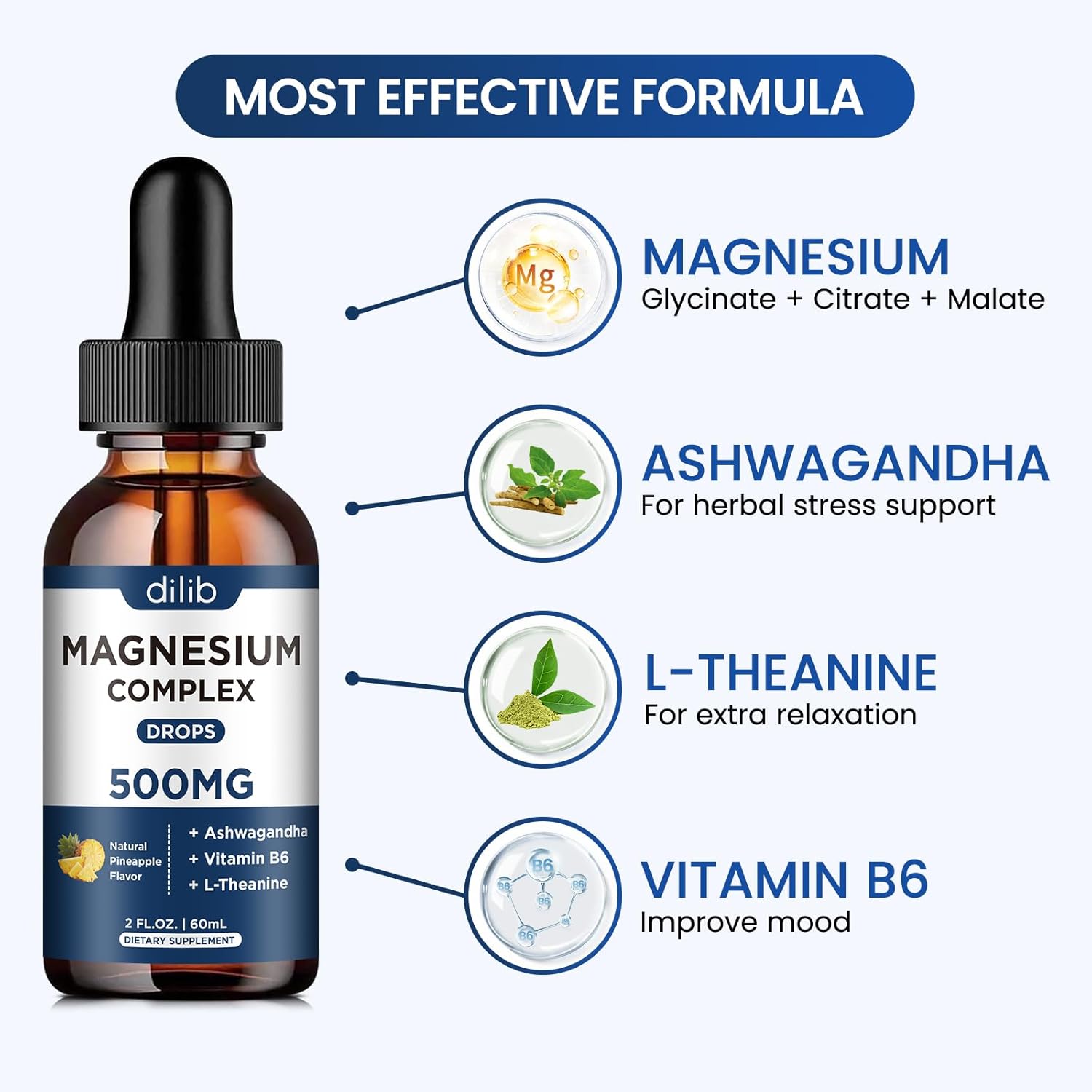 Triple Magnesium Complex Liquid Drops 500mg with Ashwagandha & Vitamin B6 - Stress Relief & Muscle Support - Pineapple Flavor