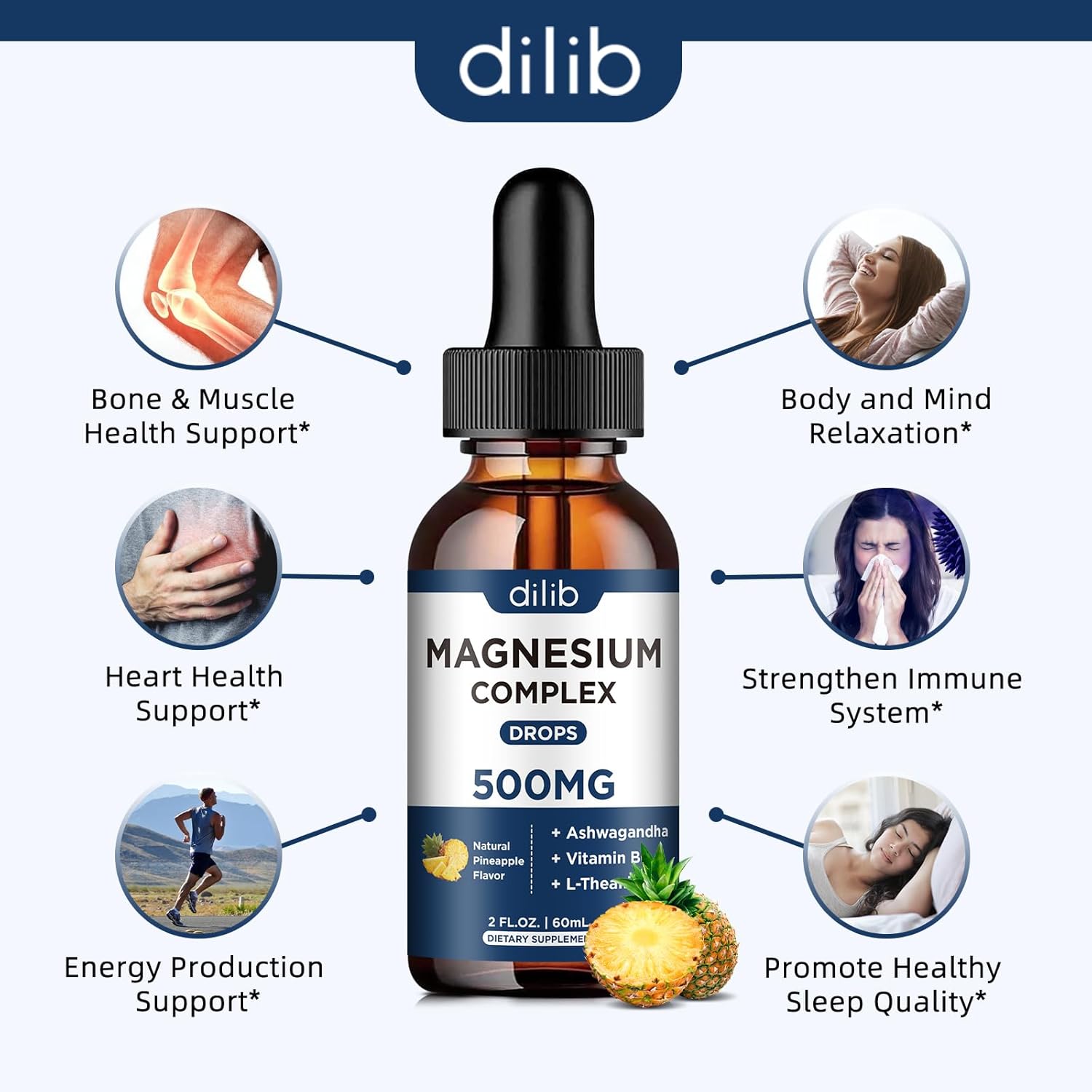 Triple Magnesium Complex Liquid Drops 500mg with Ashwagandha & Vitamin B6 - Stress Relief & Muscle Support - Pineapple Flavor