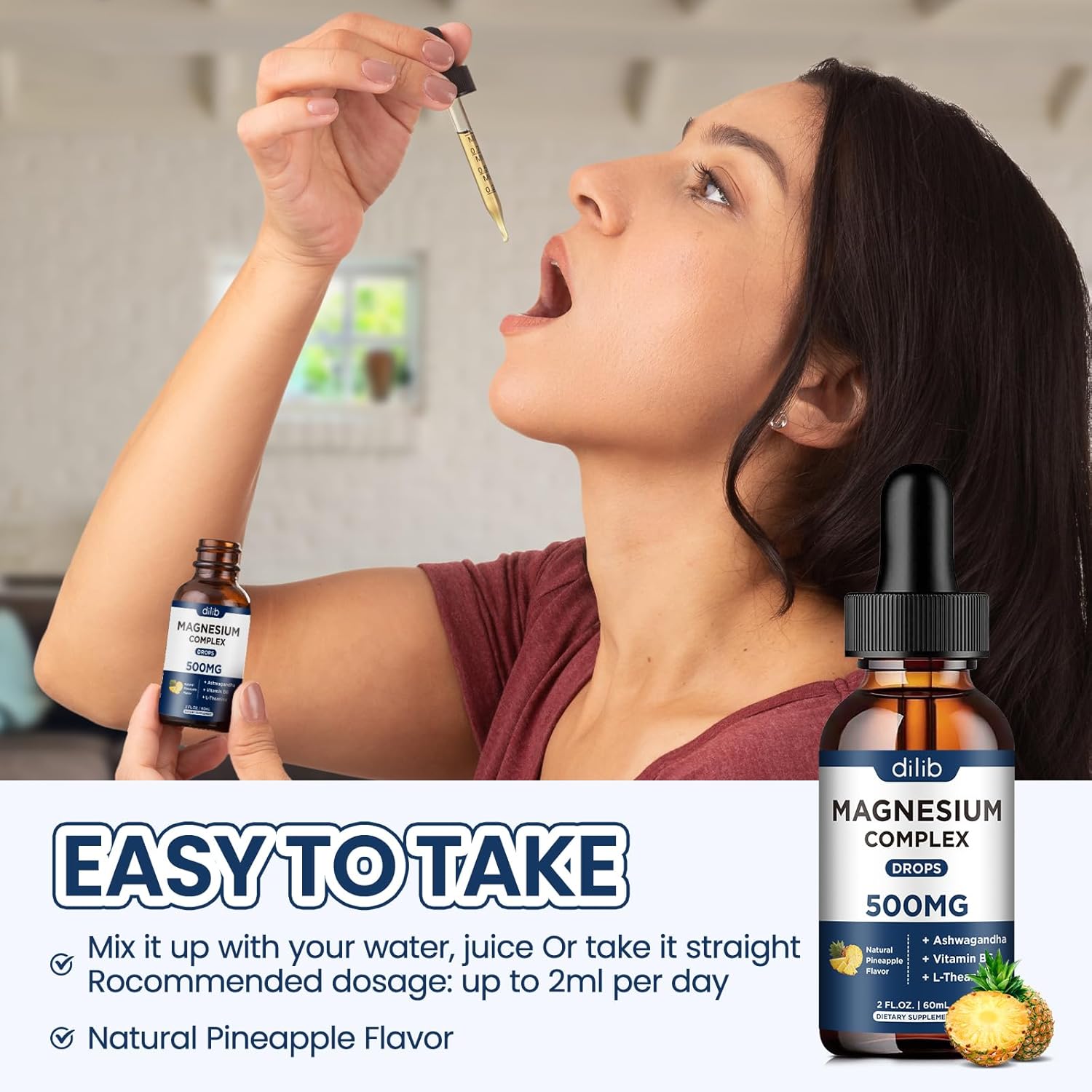 Triple Magnesium Complex Liquid Drops 500mg with Ashwagandha & Vitamin B6 - Stress Relief & Muscle Support - Pineapple Flavor