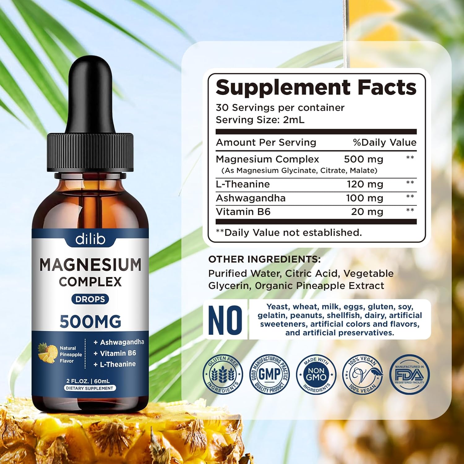 Triple Magnesium Complex Liquid Drops 500mg with Ashwagandha & Vitamin B6 - Stress Relief & Muscle Support - Pineapple Flavor