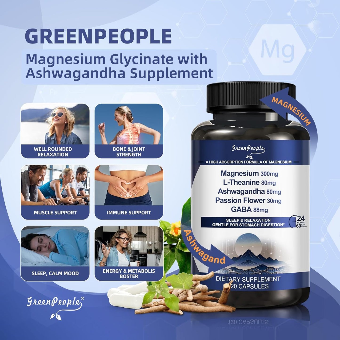 Triple Magnesium Complex Supplement Capsules with Ashwagandha - 120 CT