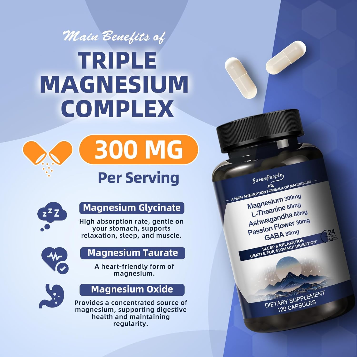 Triple Magnesium Complex Supplement Capsules with Ashwagandha - 120 CT