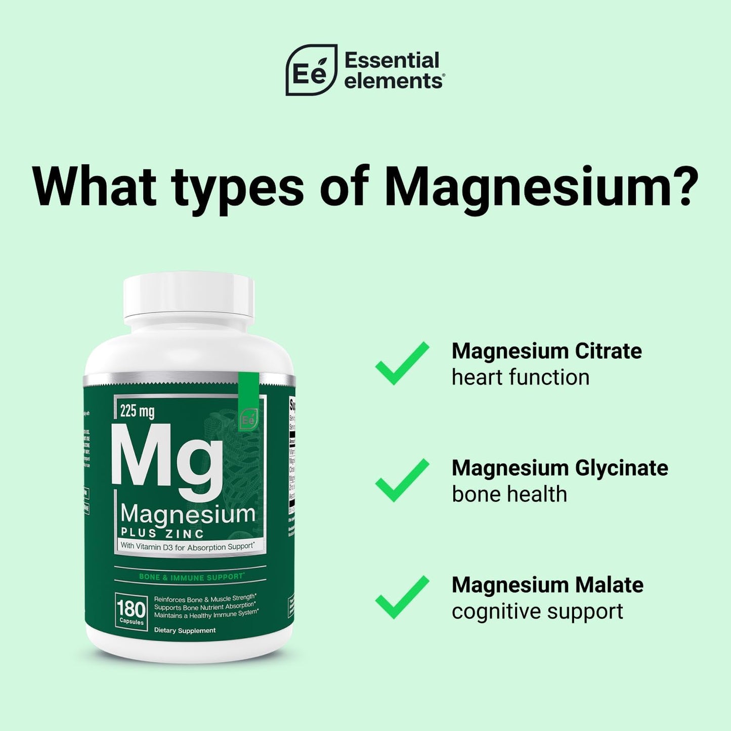 Triple Magnesium Supplement with Vitamin D3 for Sleep, Immune & Bone Support - 200mg Magnesium Glycinate, Malate, Citrate - 3 Month Supply for Men and Women