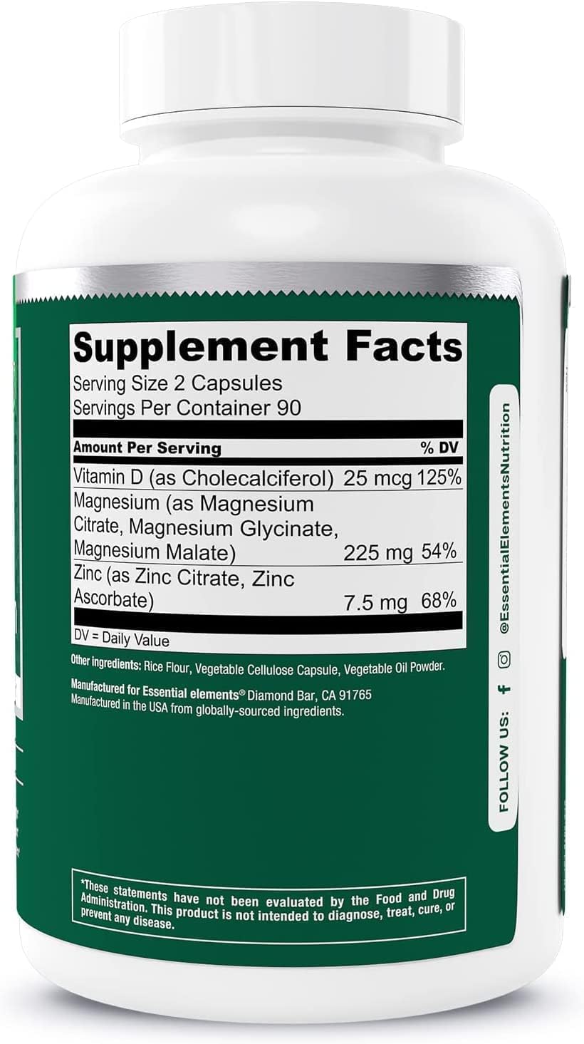 Triple Magnesium Supplement with Vitamin D3 for Sleep, Immune & Bone Support - 200mg Magnesium Glycinate, Malate, Citrate - 3 Month Supply for Men and Women