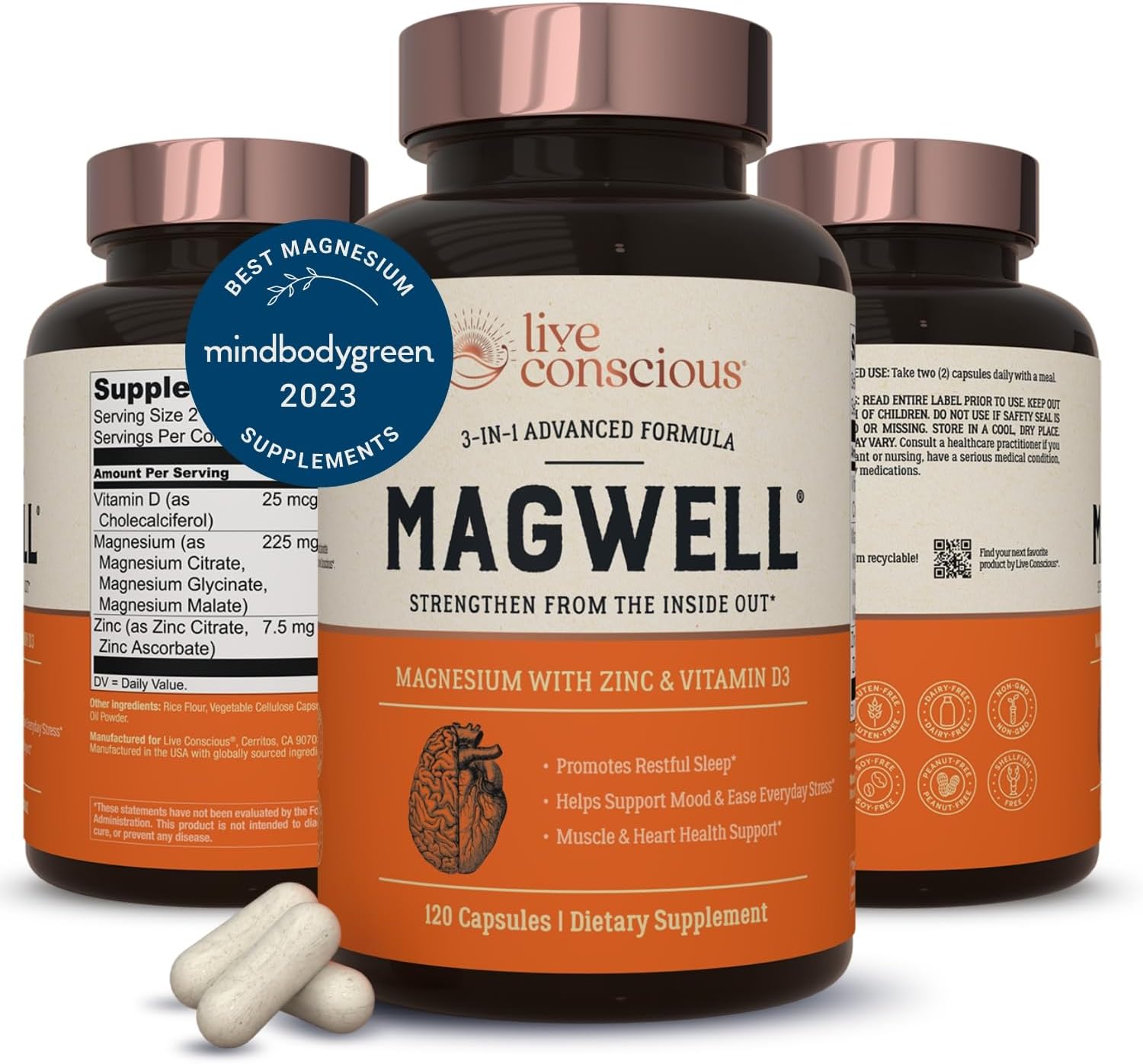 Triple Magnesium, Zinc, & Vitamin D3 Supplement for Sleep, Bone, Heart, & Immune Support - 120 Capsules for Men & Women