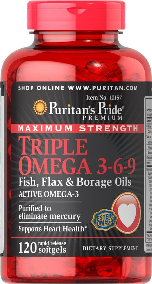 Triple Omega 3-6-9 Fish, Flax & Borage Oils- Maximum Strength Softgels by Puritan's Pride