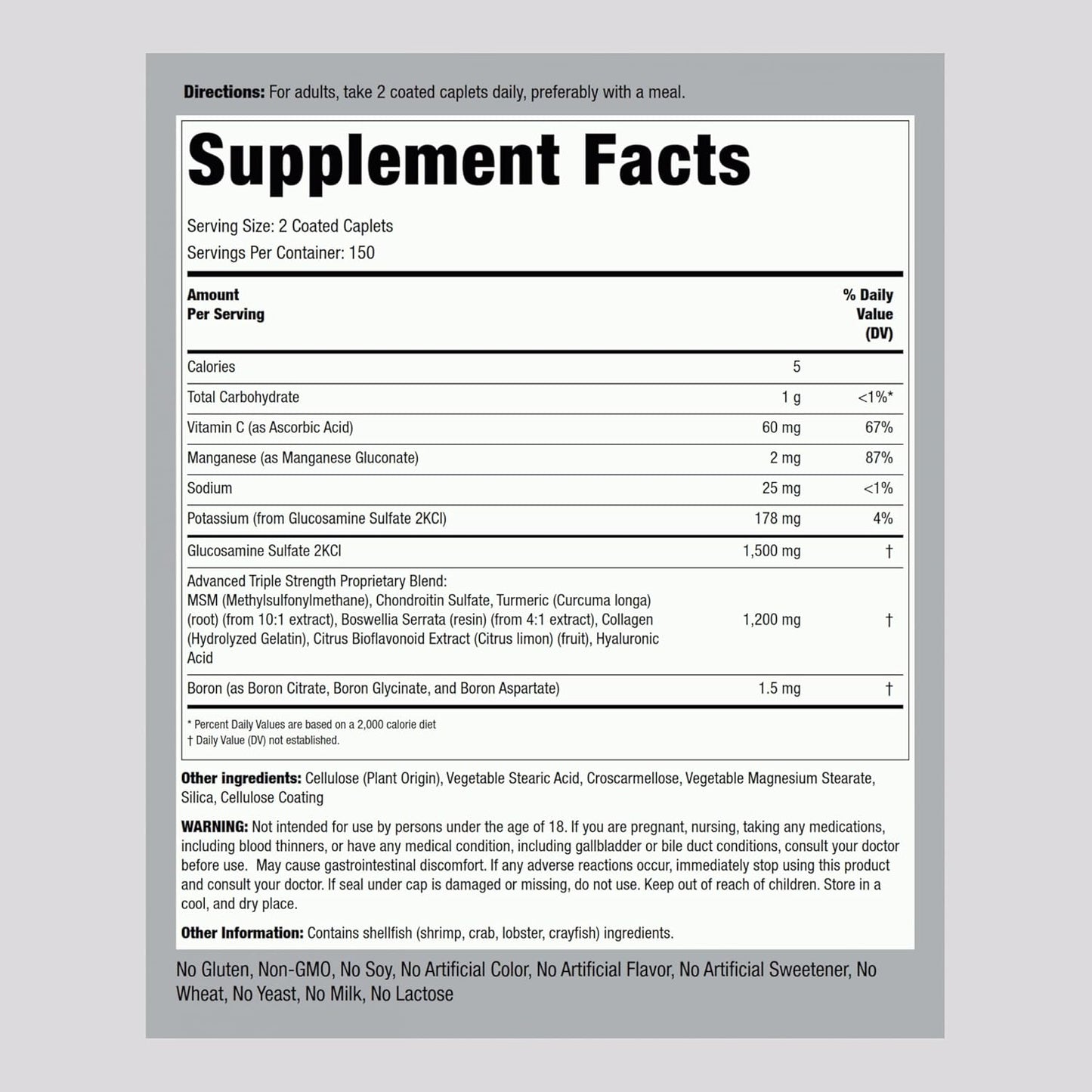Triple Strength Glucosamine Chondroitin Caplets with MSM, Turmeric | 300 Count | Non-GMO & Gluten Free Formula by Piping Rock