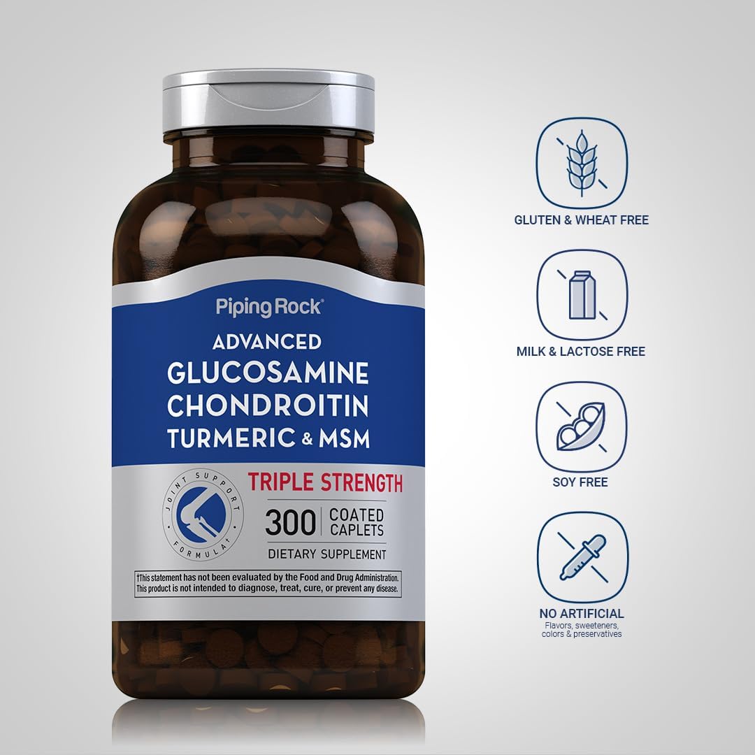 Triple Strength Glucosamine Chondroitin Caplets with MSM, Turmeric | 300 Count | Non-GMO & Gluten Free Formula by Piping Rock