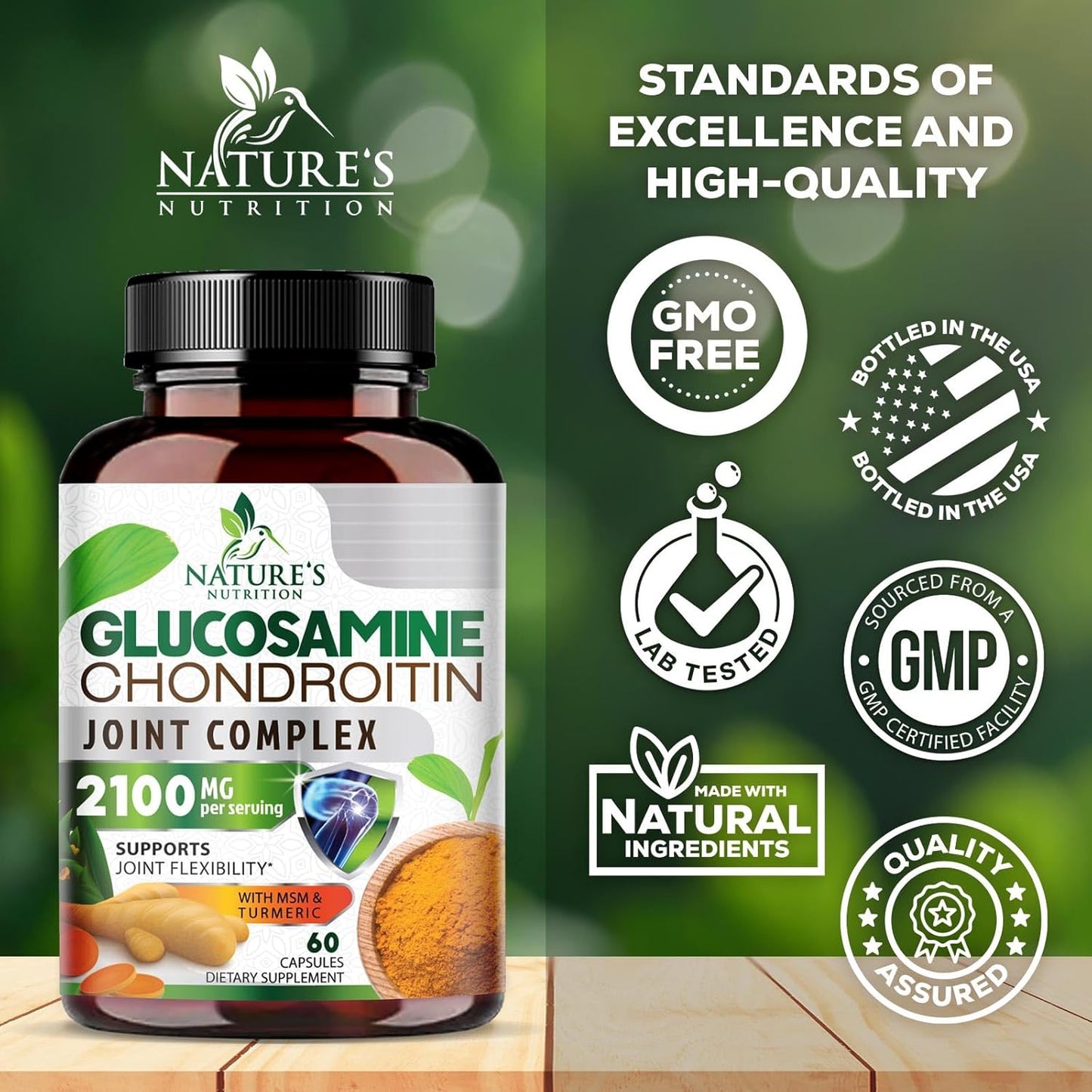 Triple Strength Glucosamine Chondroitin MSM Complex with Turmeric & Boswellia for Joint Support - 60 Capsules