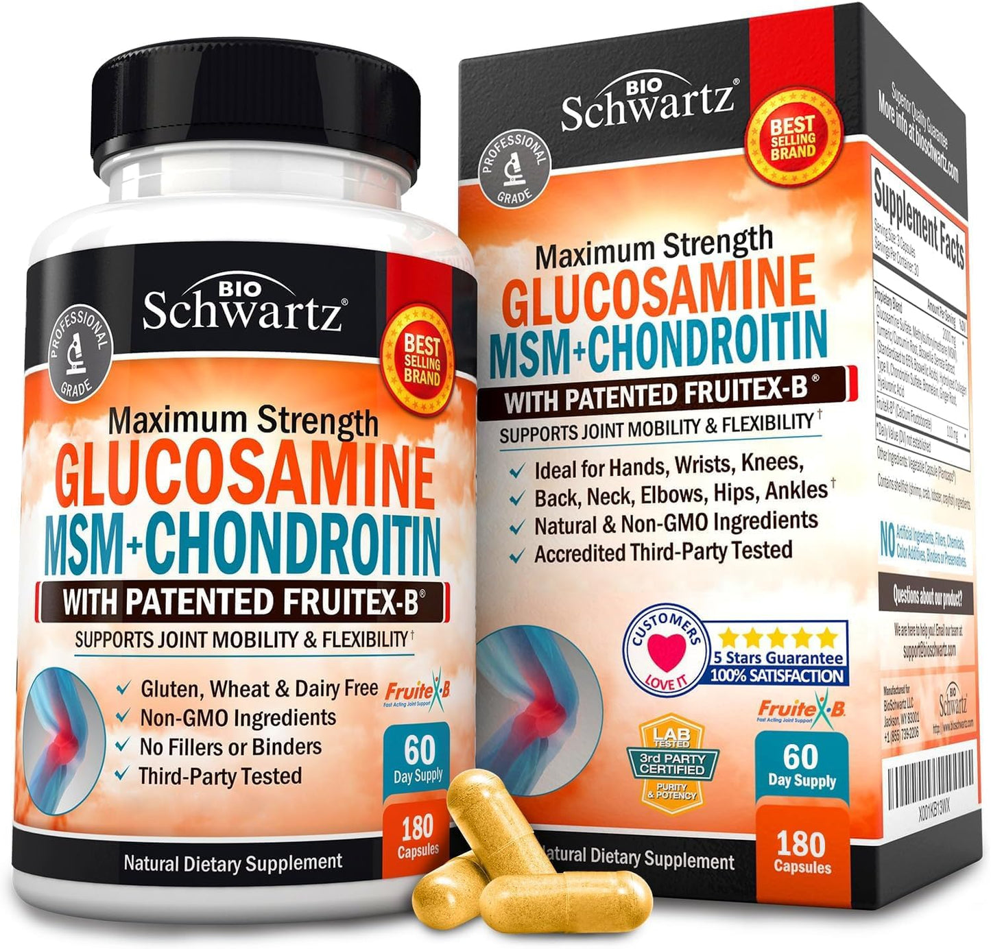 Triple Strength Joint Support Supplement with Collagen Peptides, Turmeric, Ginger, Hyaluronic Acid - Gluten Free - 180 Capsules