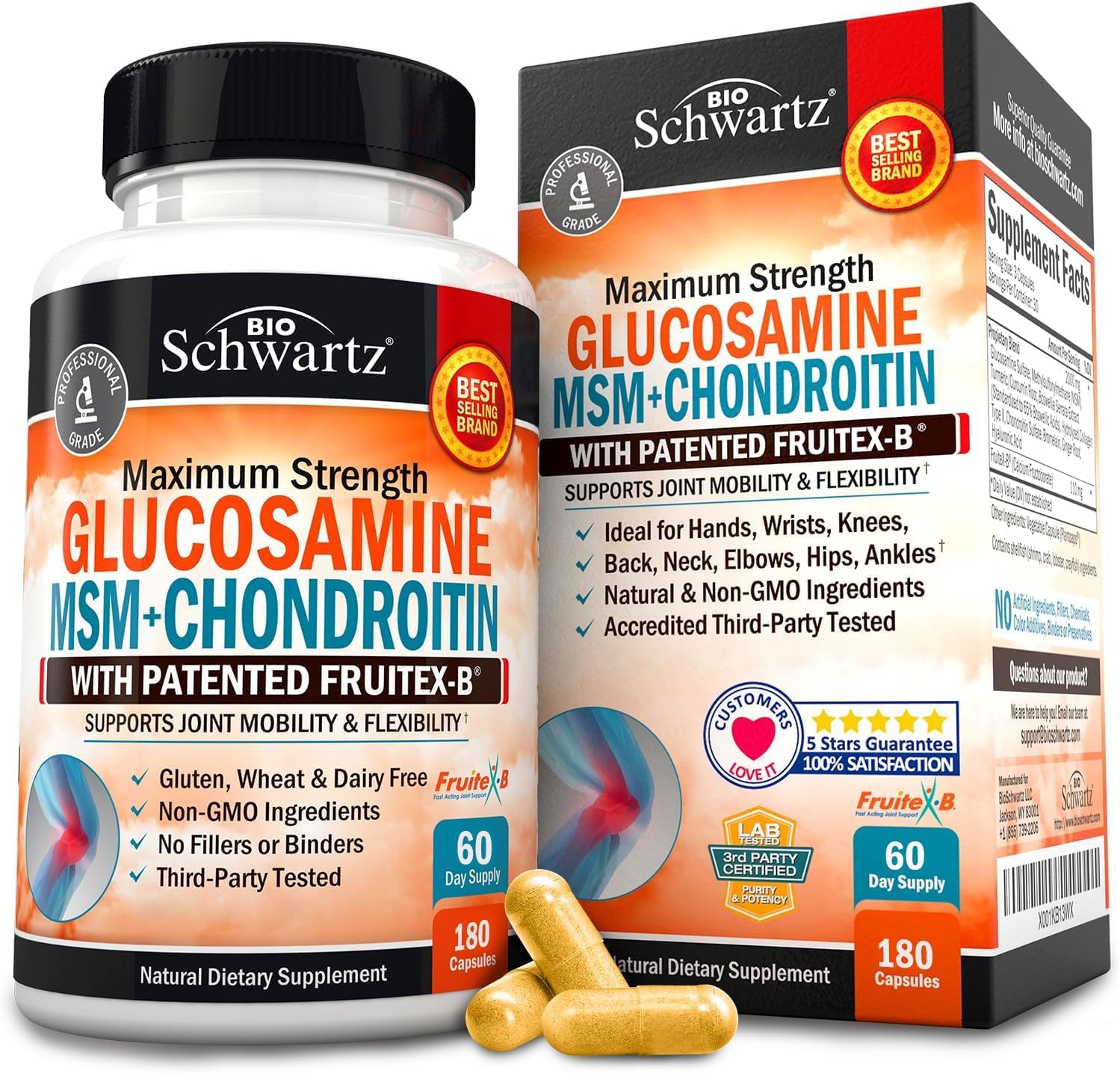 Triple Strength Joint Support Supplement with Collagen Peptides, Turmeric, Ginger, Hyaluronic Acid - Gluten Free - 180 Capsules
