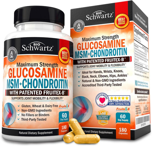 Triple Strength Joint Support Supplement with Collagen Peptides, Turmeric, Ginger, Hyaluronic Acid - Gluten Free - 180 Capsules