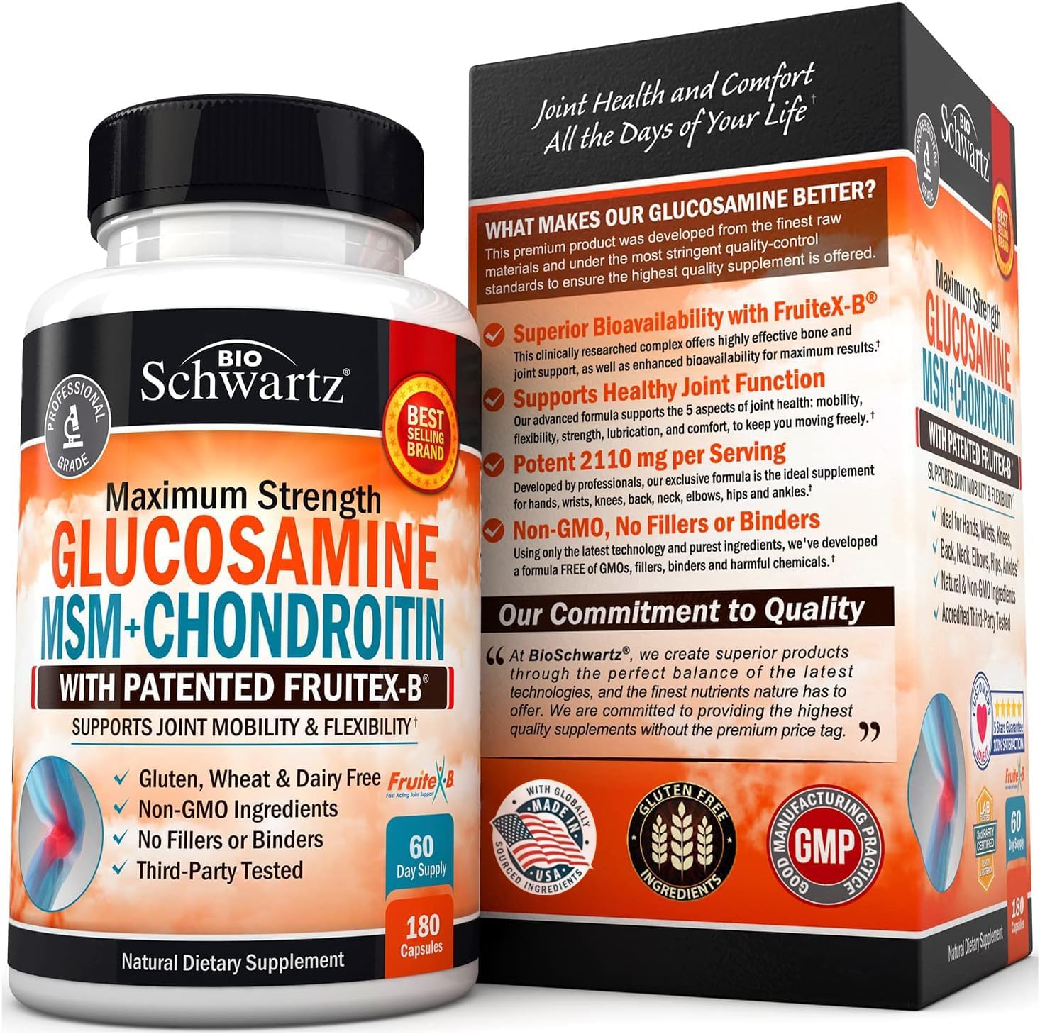 Triple Strength Joint Support Supplement with Collagen Peptides, Turmeric, Ginger, Hyaluronic Acid - Gluten Free - 180 Capsules