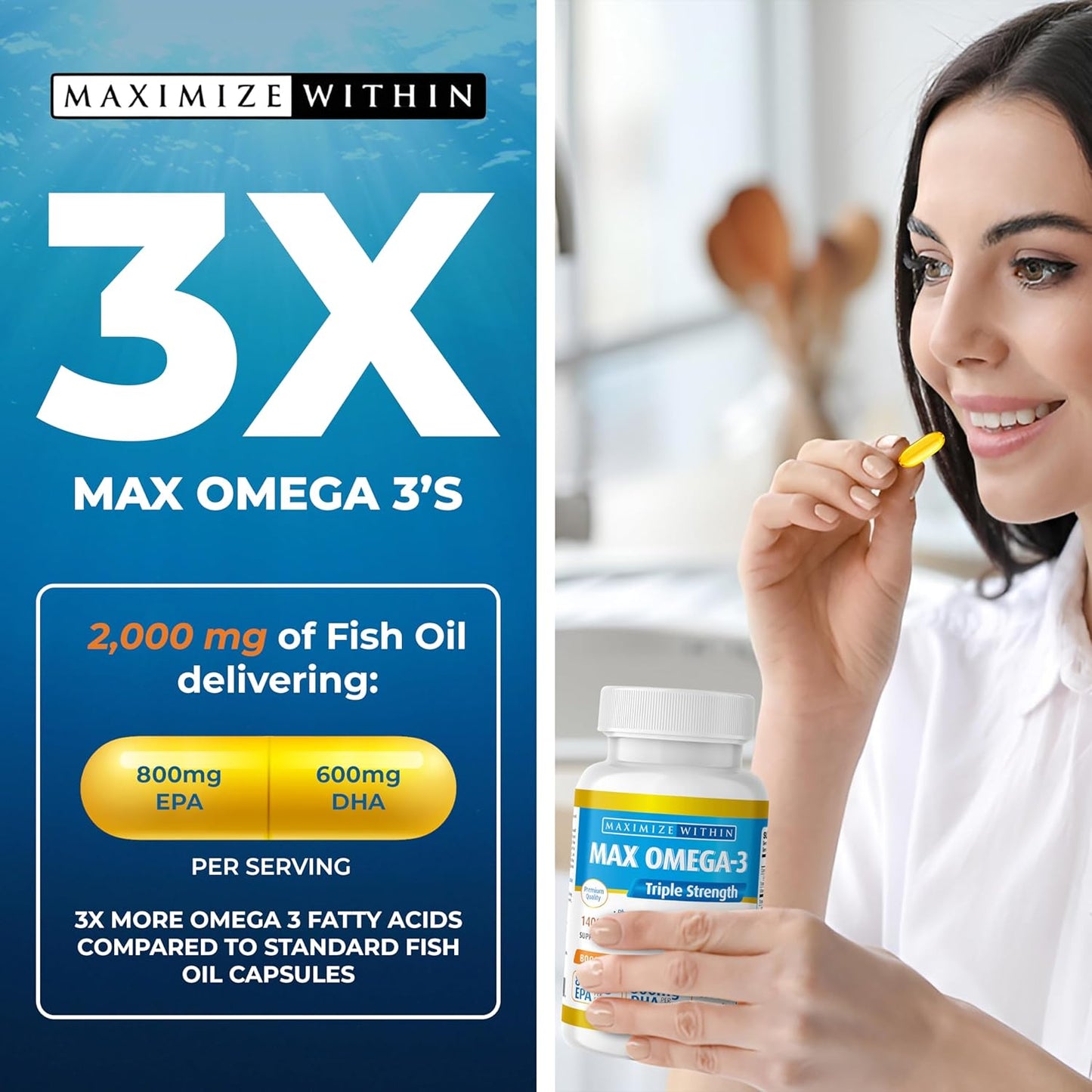 Triple Strength Max Omega 3 Fish Oil Pills - High Potency Supplement (2000mg Total Omega 3 Fatty Acids: 600mg DHA + 800mg EPA)