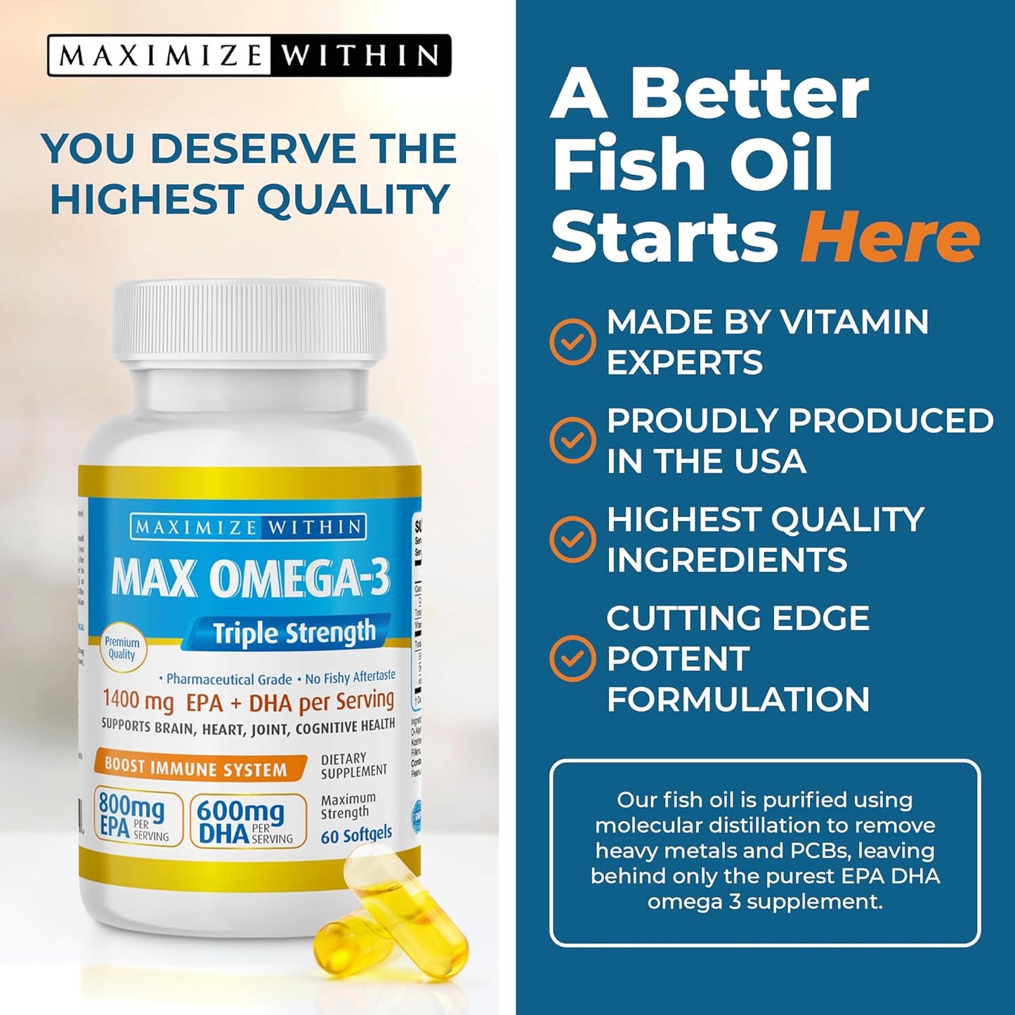 Triple Strength Max Omega 3 Fish Oil Pills - High Potency Supplement (2000mg Total Omega 3 Fatty Acids: 600mg DHA + 800mg EPA)