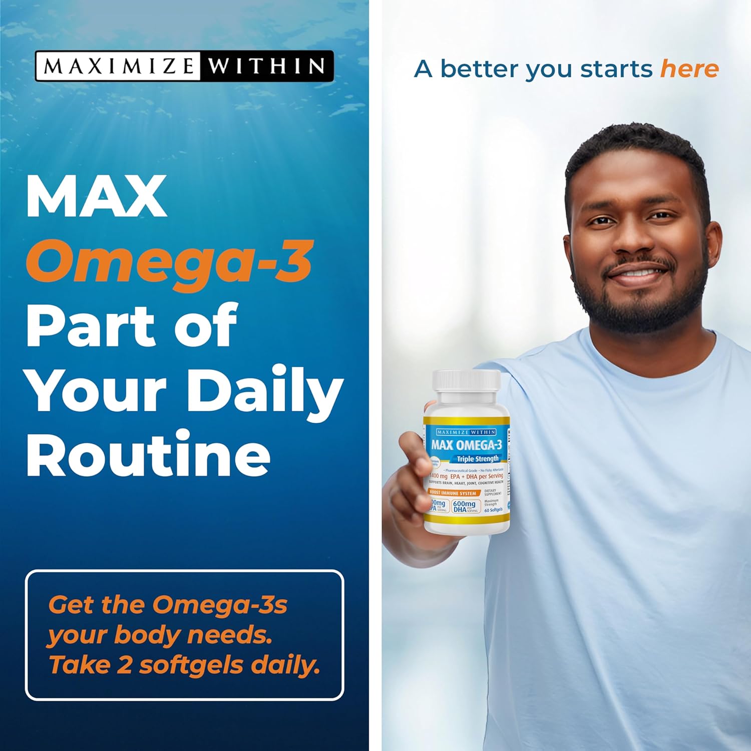 Triple Strength Max Omega 3 Fish Oil Pills - High Potency Supplement (2000mg Total Omega 3 Fatty Acids: 600mg DHA + 800mg EPA)