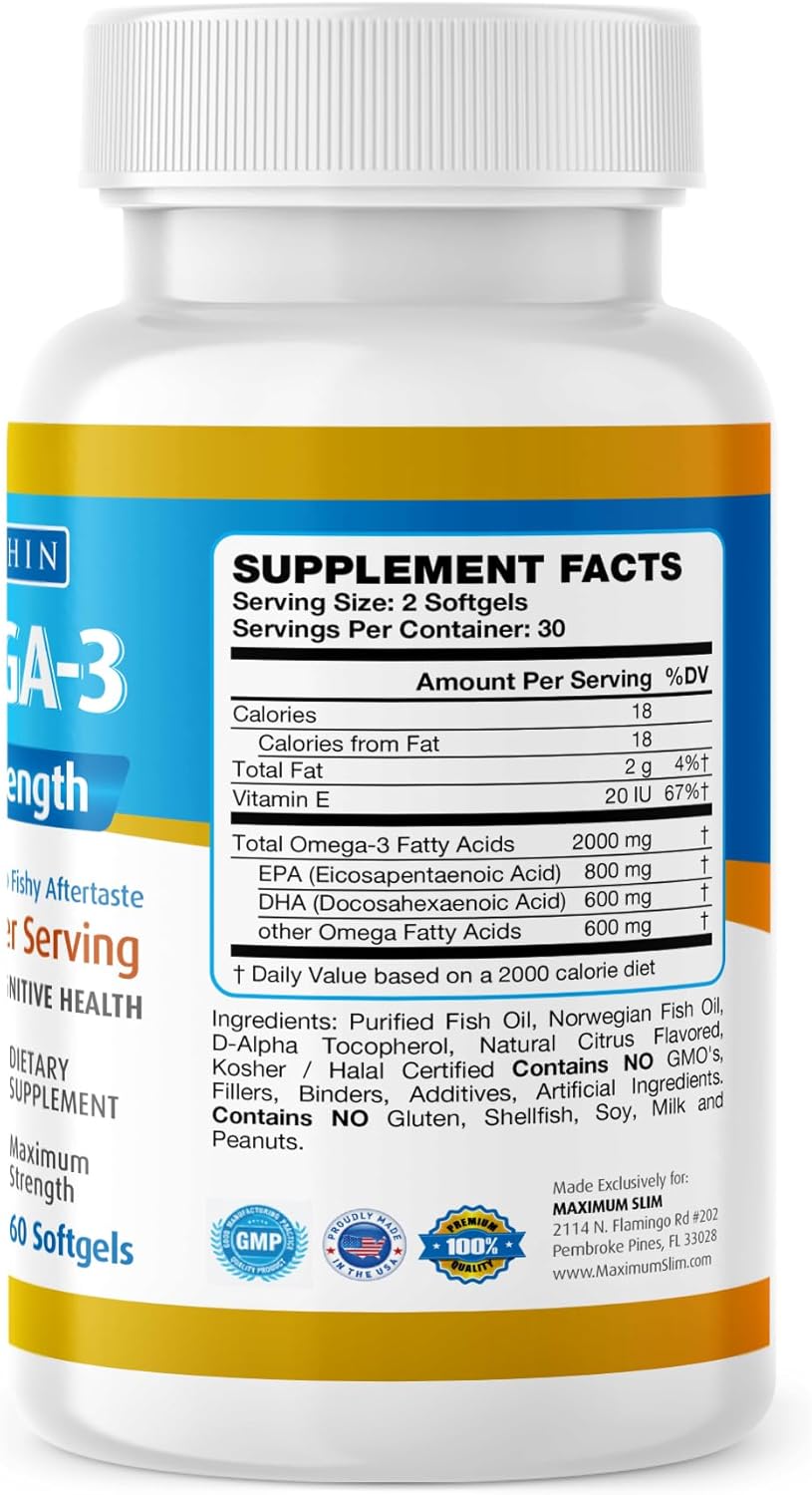 Triple Strength Max Omega 3 Fish Oil Pills - High Potency Supplement (2000mg Total Omega 3 Fatty Acids: 600mg DHA + 800mg EPA)