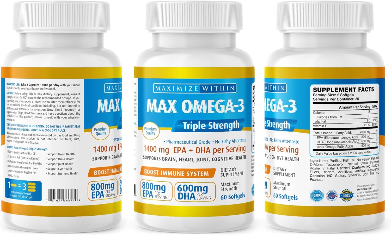 Triple Strength Max Omega 3 Fish Oil Pills - High Potency Supplement (2000mg Total Omega 3 Fatty Acids: 600mg DHA + 800mg EPA)
