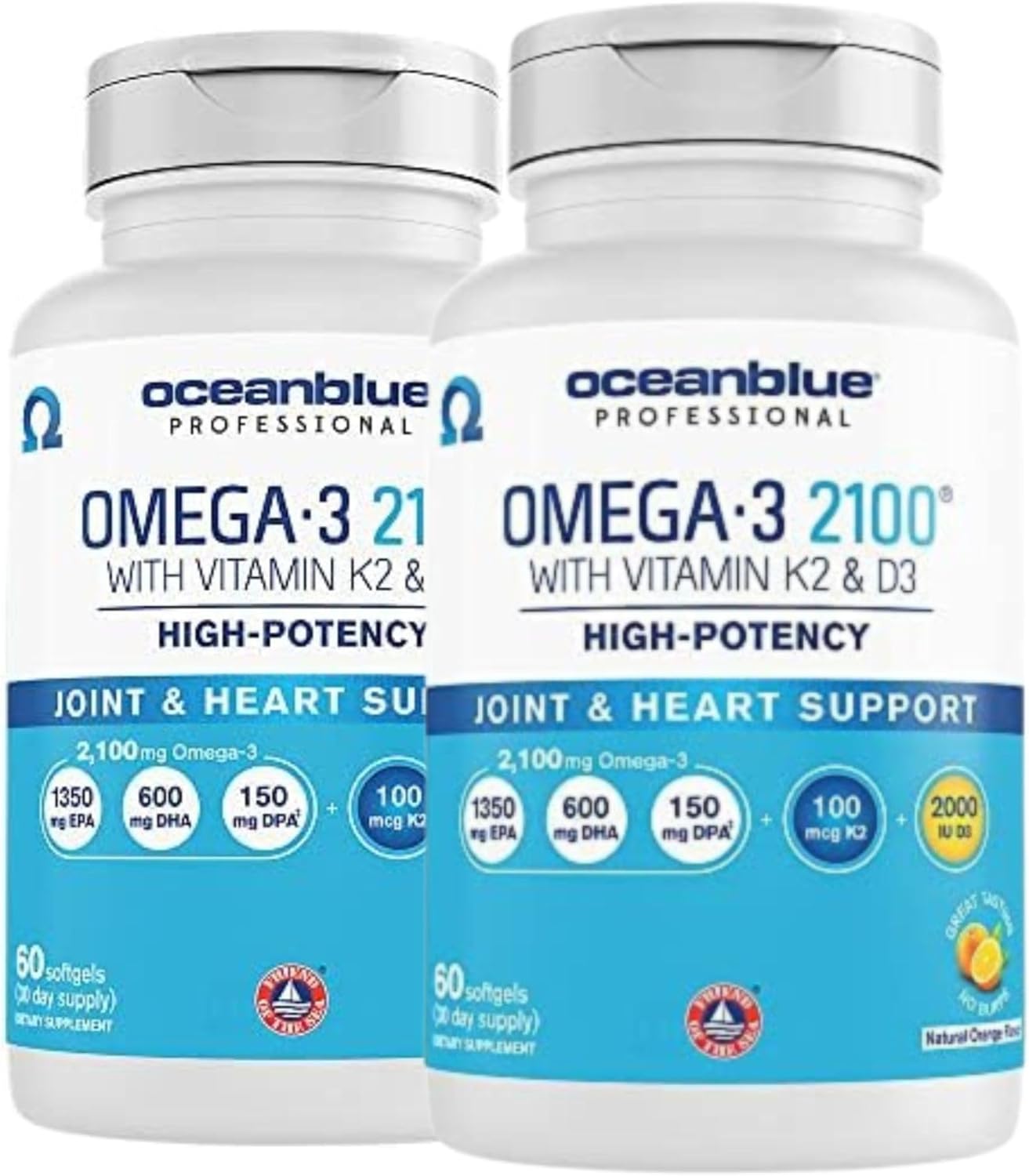 Triple Strength Oceanblue Professional Omega-3 2100 with Vitamin K2 and D3 - 120 Count x 2 - Burpless Fish Oil with EPA, DHA, DPA - Wild Caught - Orange Flavor - 60 Servings