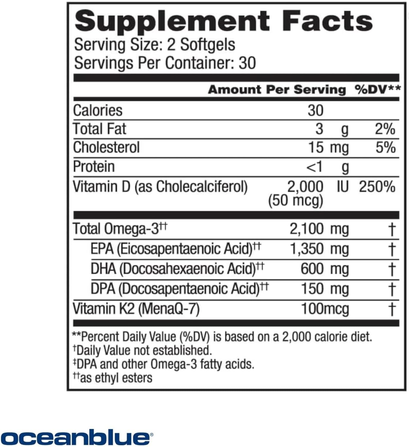 Triple Strength Oceanblue Professional Omega-3 2100 with Vitamin K2 and D3 - 120 Count x 2 - Burpless Fish Oil with EPA, DHA, DPA - Wild Caught - Orange Flavor - 60 Servings