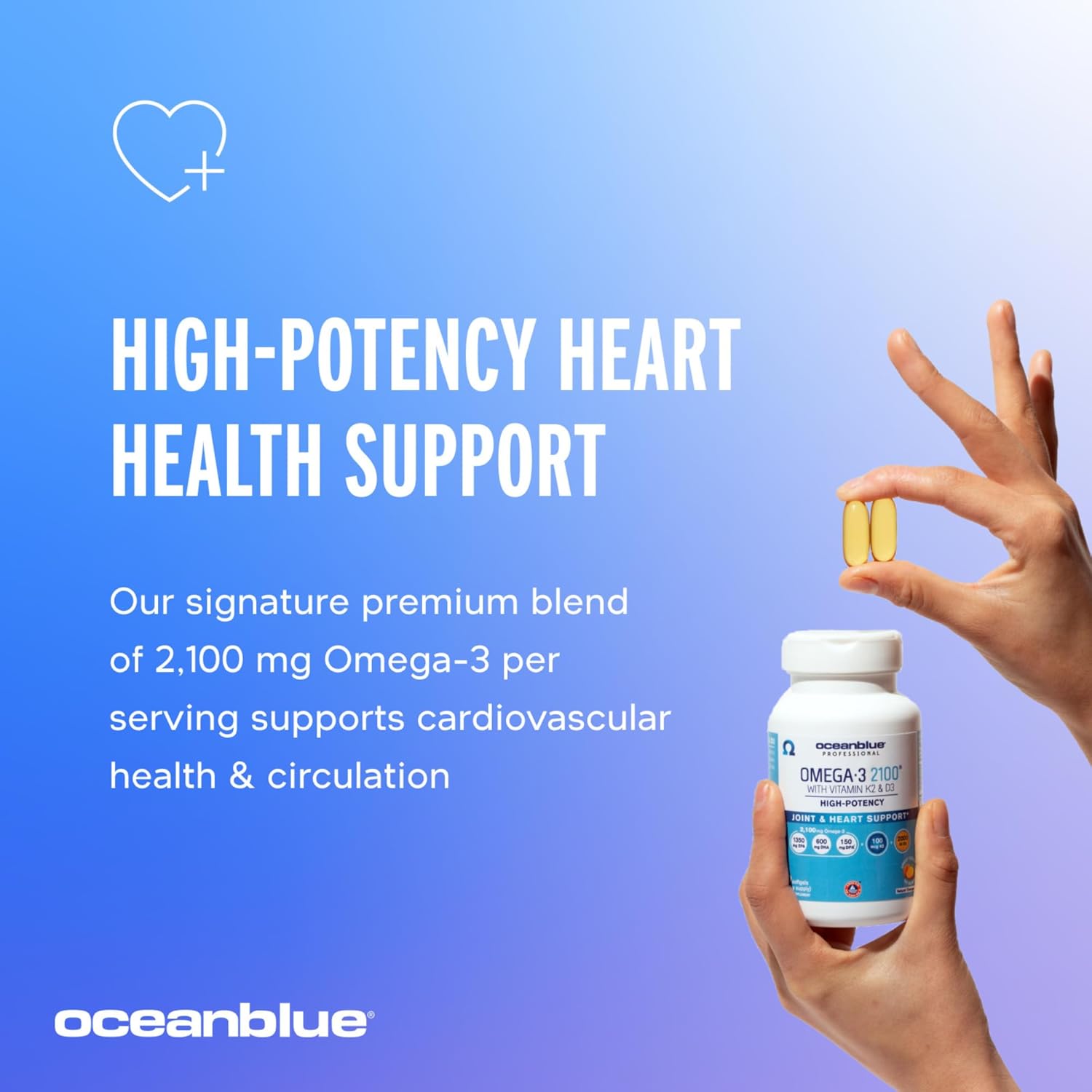 Triple Strength Oceanblue Professional Omega-3 2100 with Vitamin K2 and D3 - 120 Count x 2 - Burpless Fish Oil with EPA, DHA, DPA - Wild Caught - Orange Flavor - 60 Servings